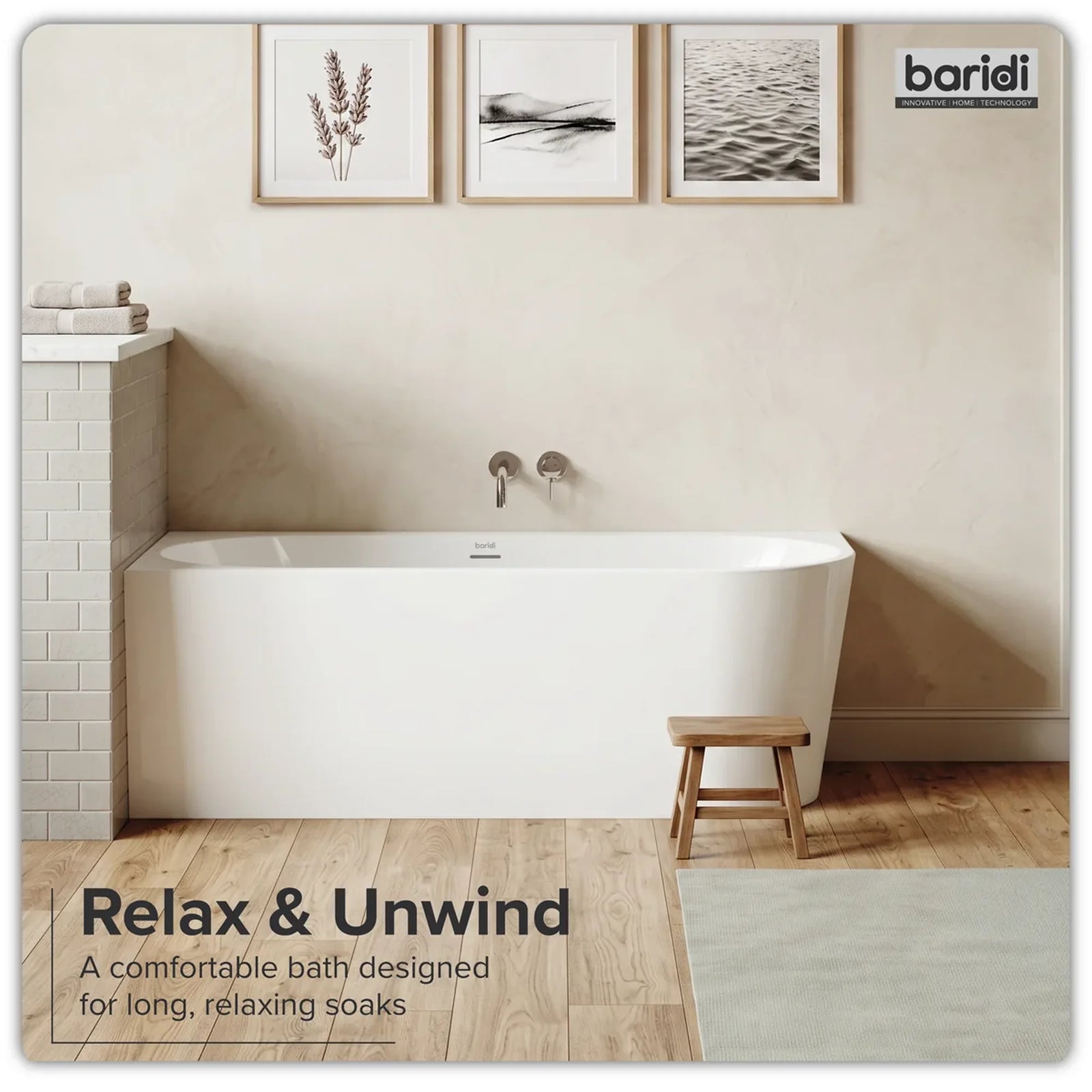 Baridi Left-Hand Corner Slim Rim Bath 150cm - Gloss White
