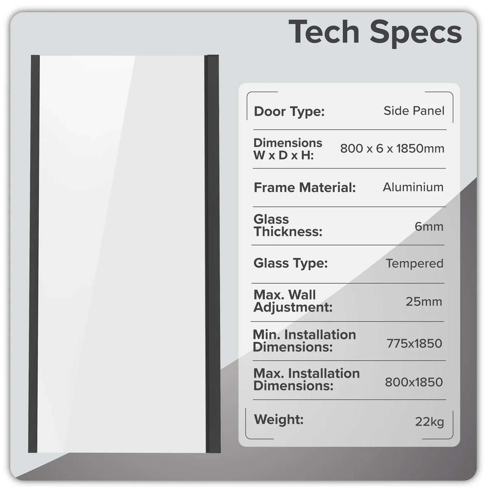 Baridi Side Panel 80x185cm 6mm Tempered Glass - Black