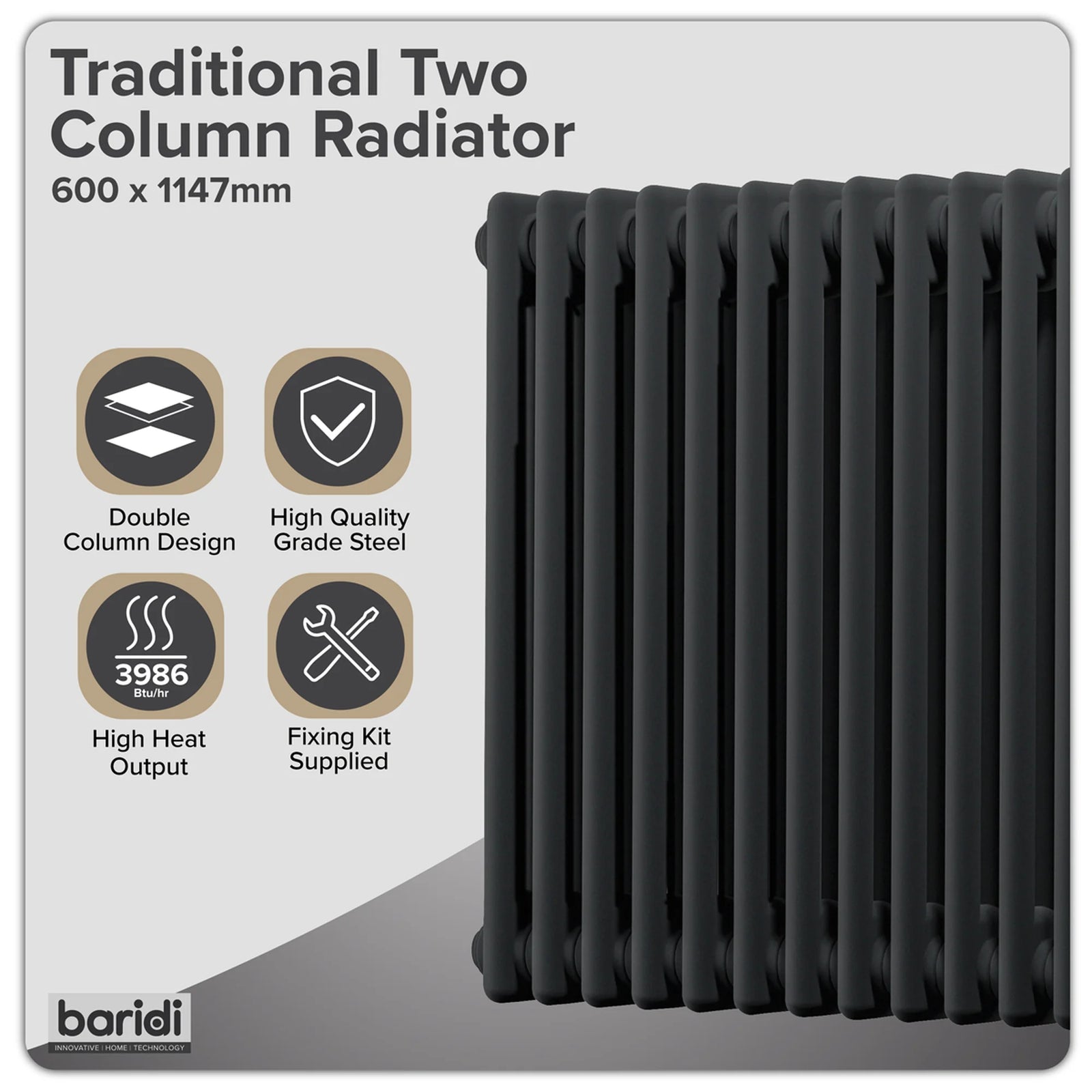 Baridi Horizontal Radiator 600 x 1147mm - Black