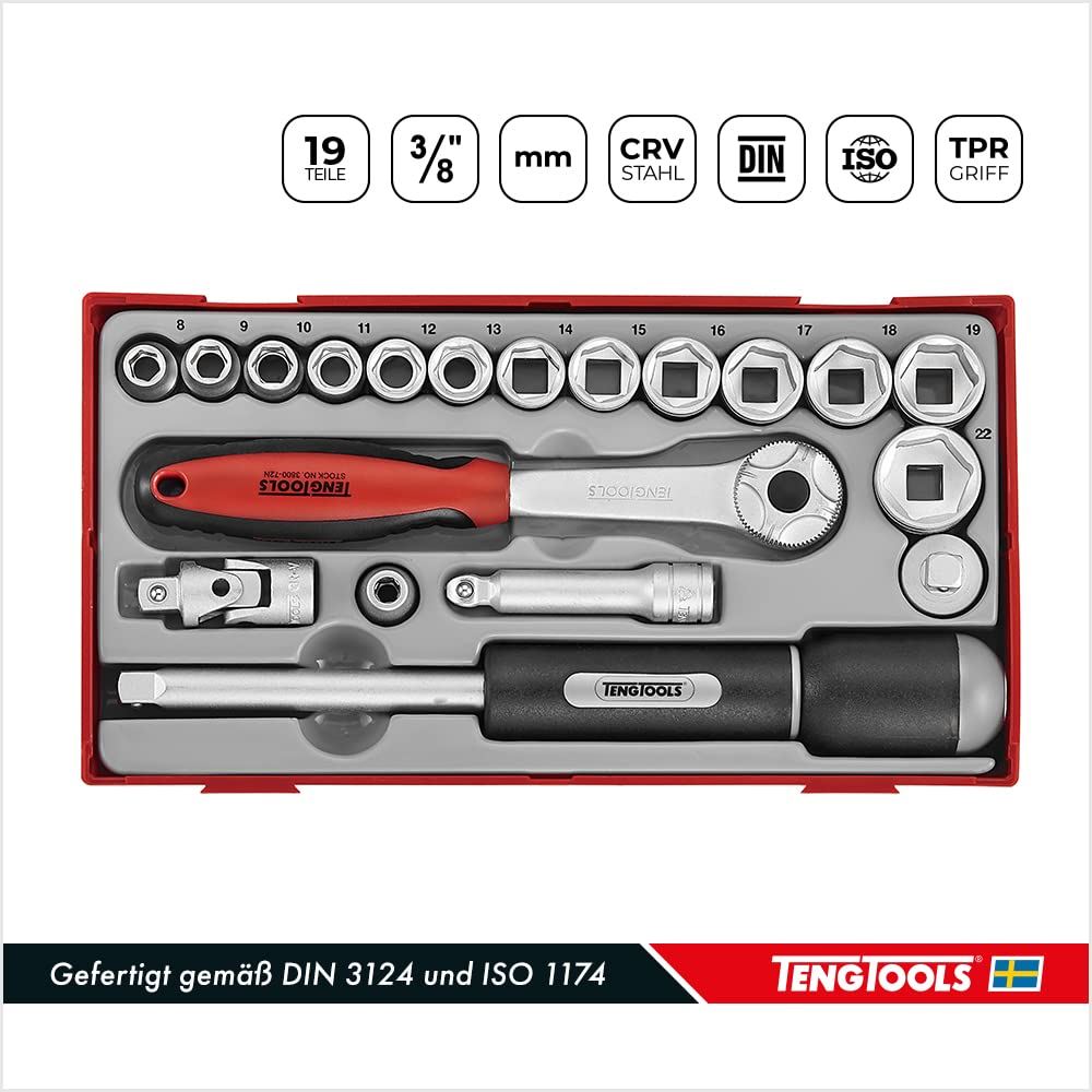 Teng Tools 3/8" Socket Set 6 pt TT1 19 Pieces