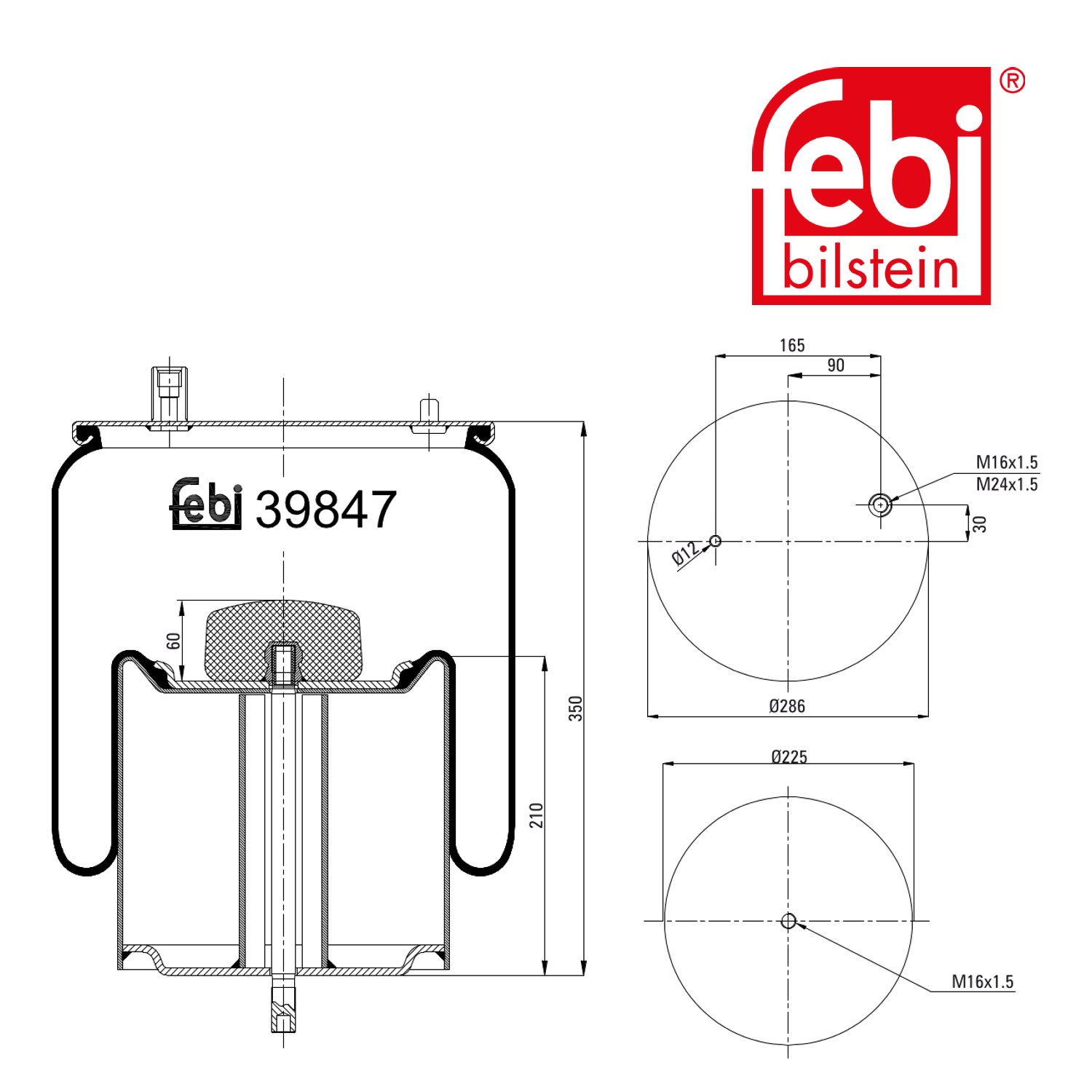 Febi Air Suspension Bellow 225mm Rear Right 39847