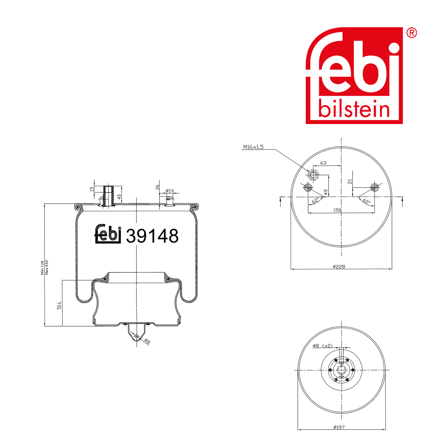 Febi Air Suspension Bellow 197mm Rear Right 39148