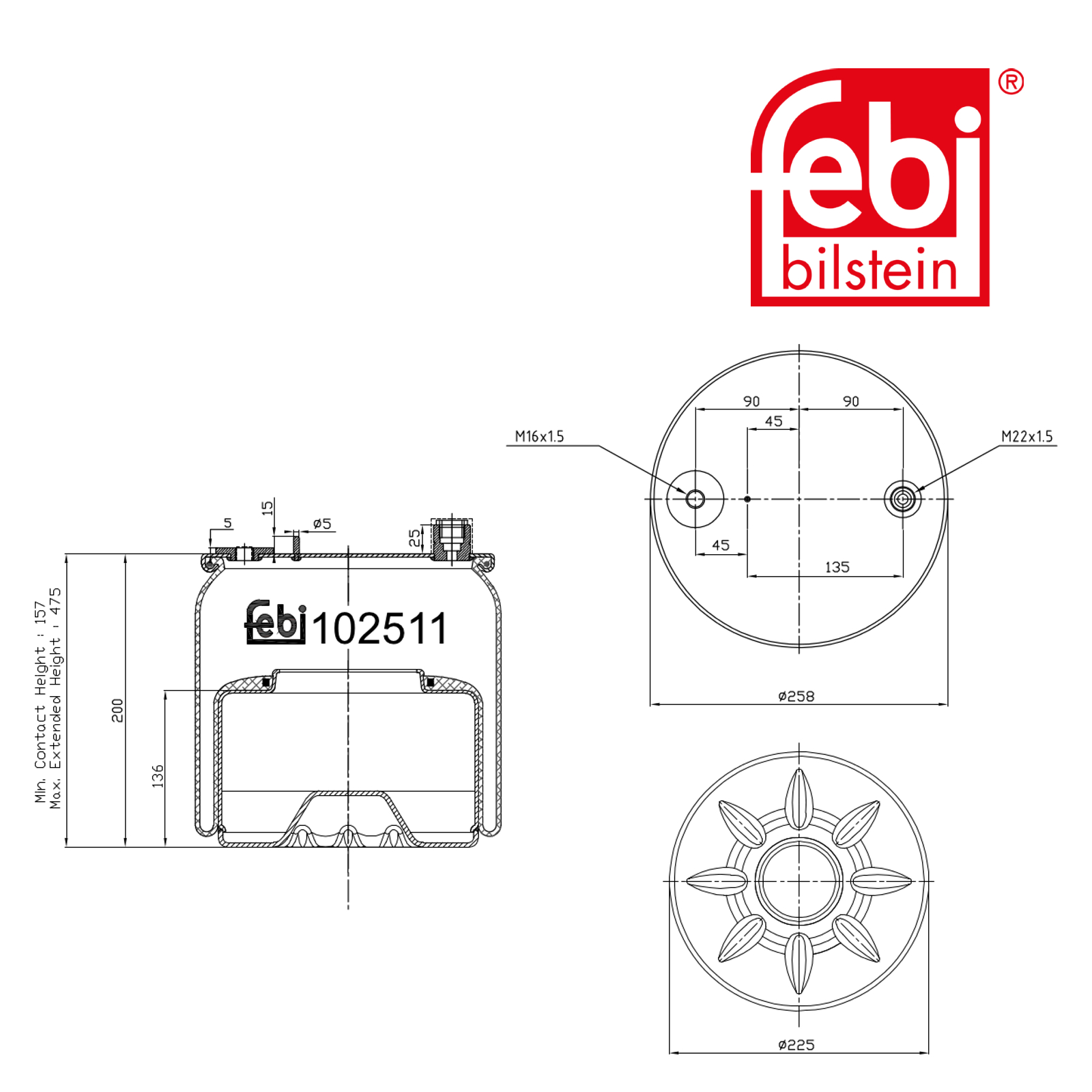 Febi Air Suspension Bellow 226mm Rear Right 102511