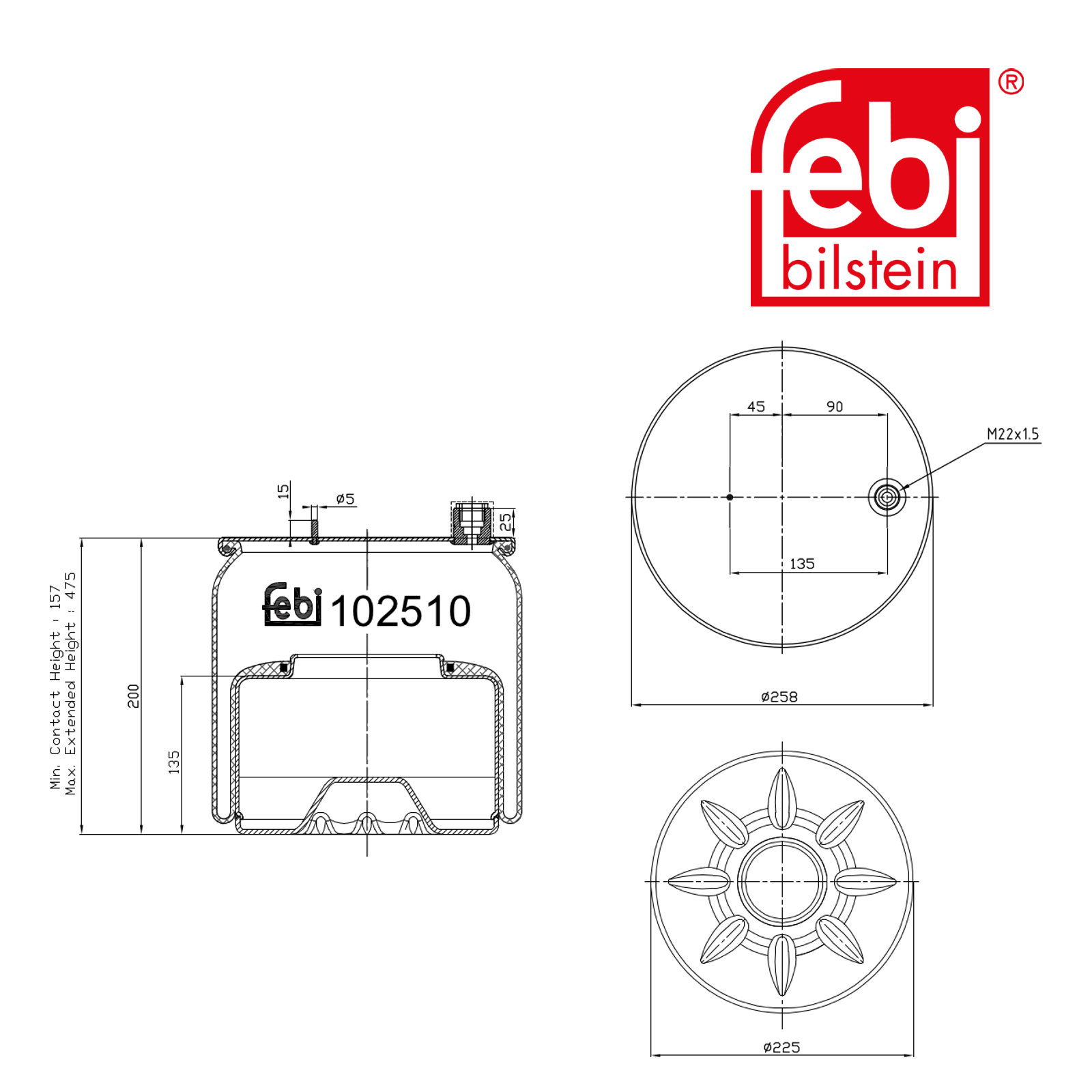 Febi Air Suspension Bellow 226mm Rear Right 102510