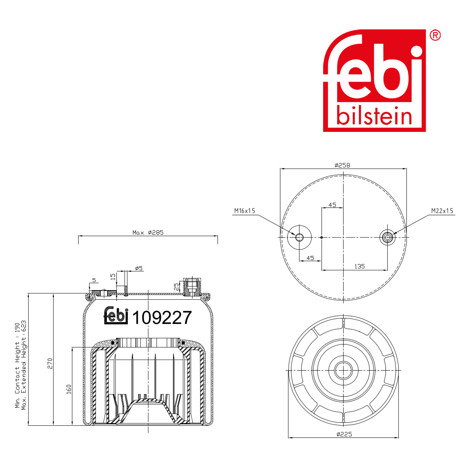 Febi Air Suspension Bellow 225mm Rear Right 109227
