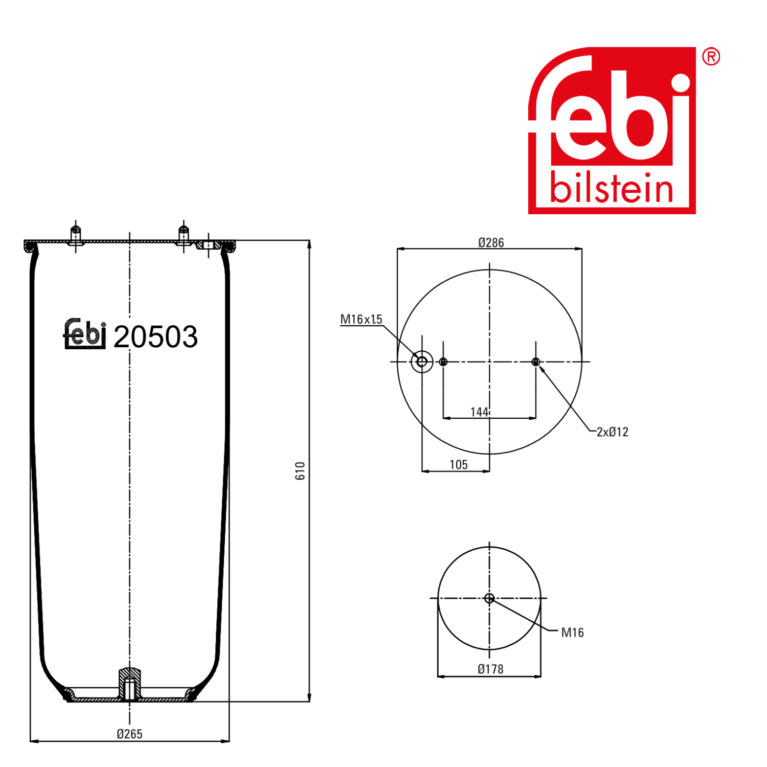 Febi Air Suspension Bellow 286mm Rear Right 20503