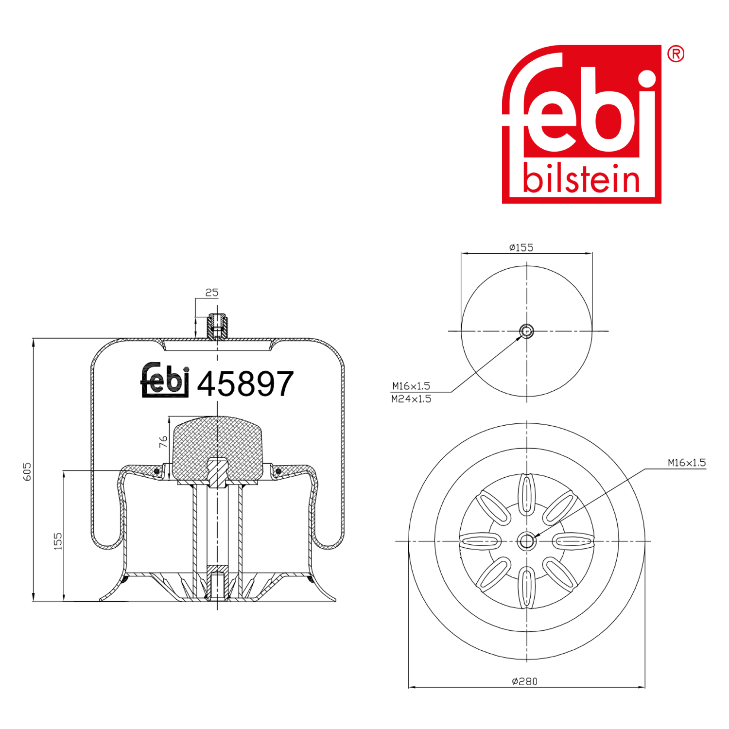 Febi Air Suspension Bellow 280mm Rear 45897