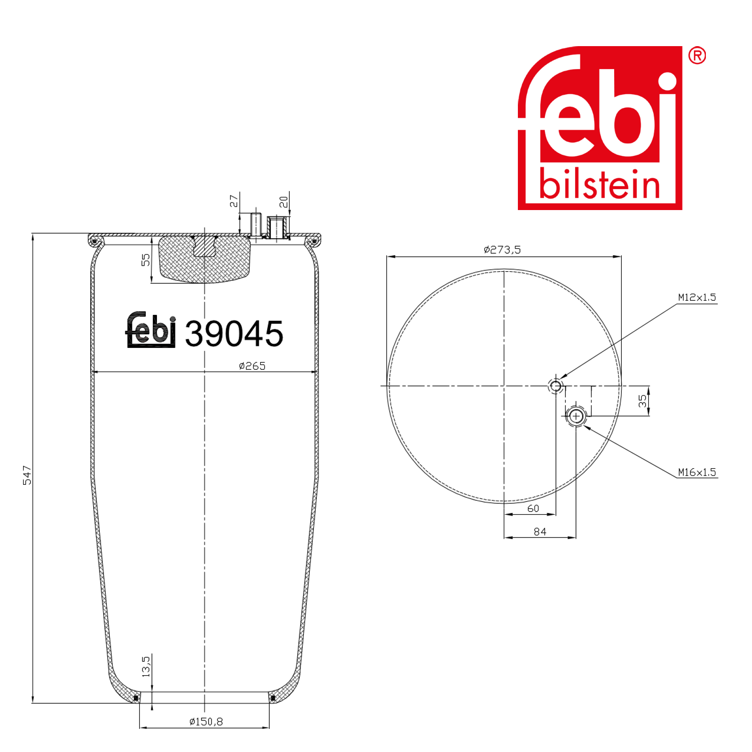 Febi Air Suspension Bellow 259mm Rear Right 39045