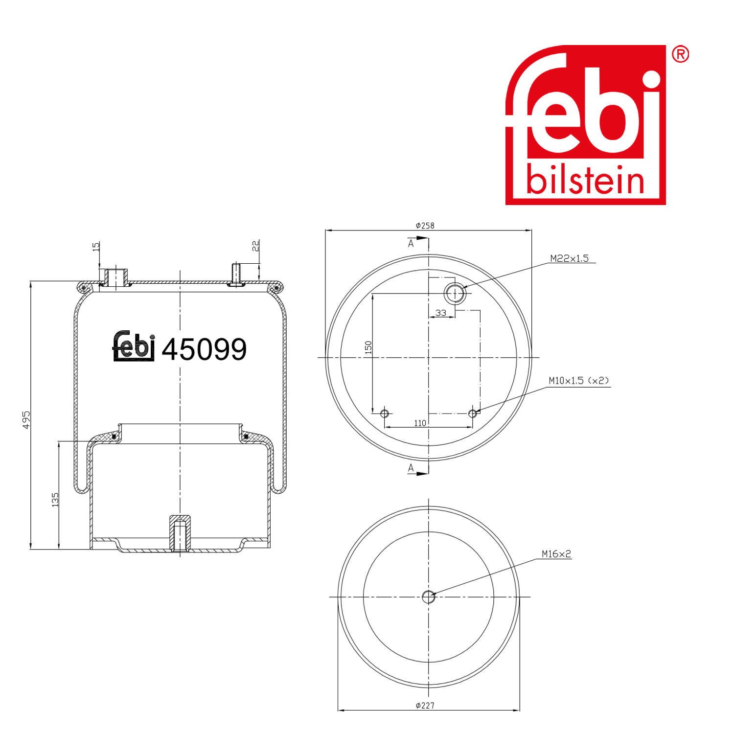 Febi Air Suspension Bellow 227mm Rear 45099