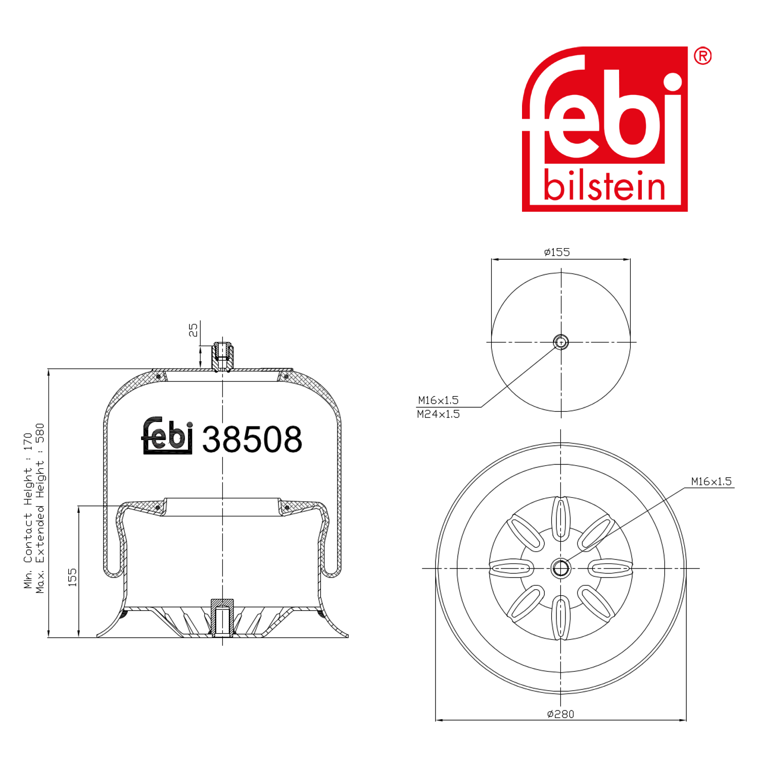 Febi Air Suspension Bellow 280mm Front Right 38508