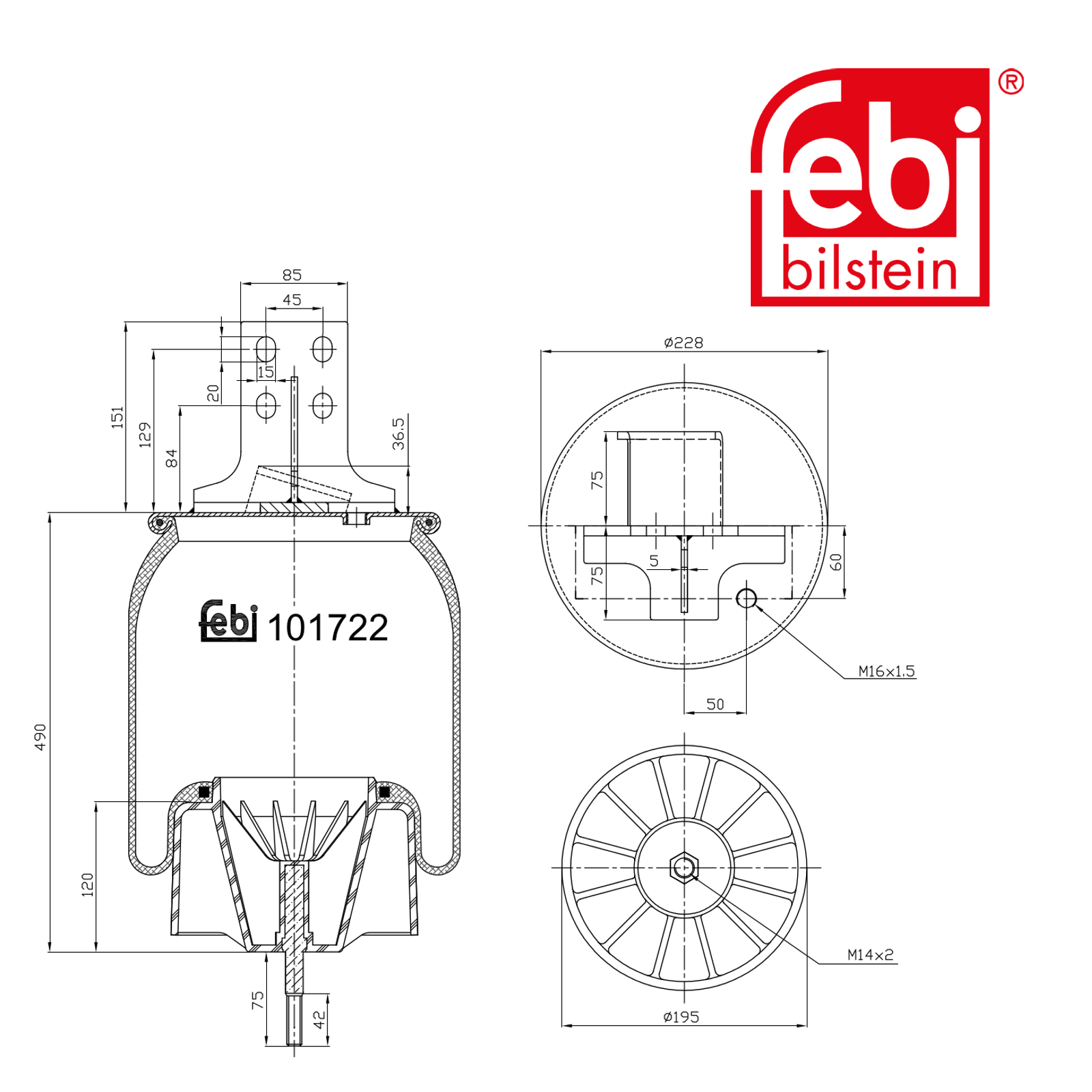 Febi Air Suspension Bellow 195mm Rear Left 101722