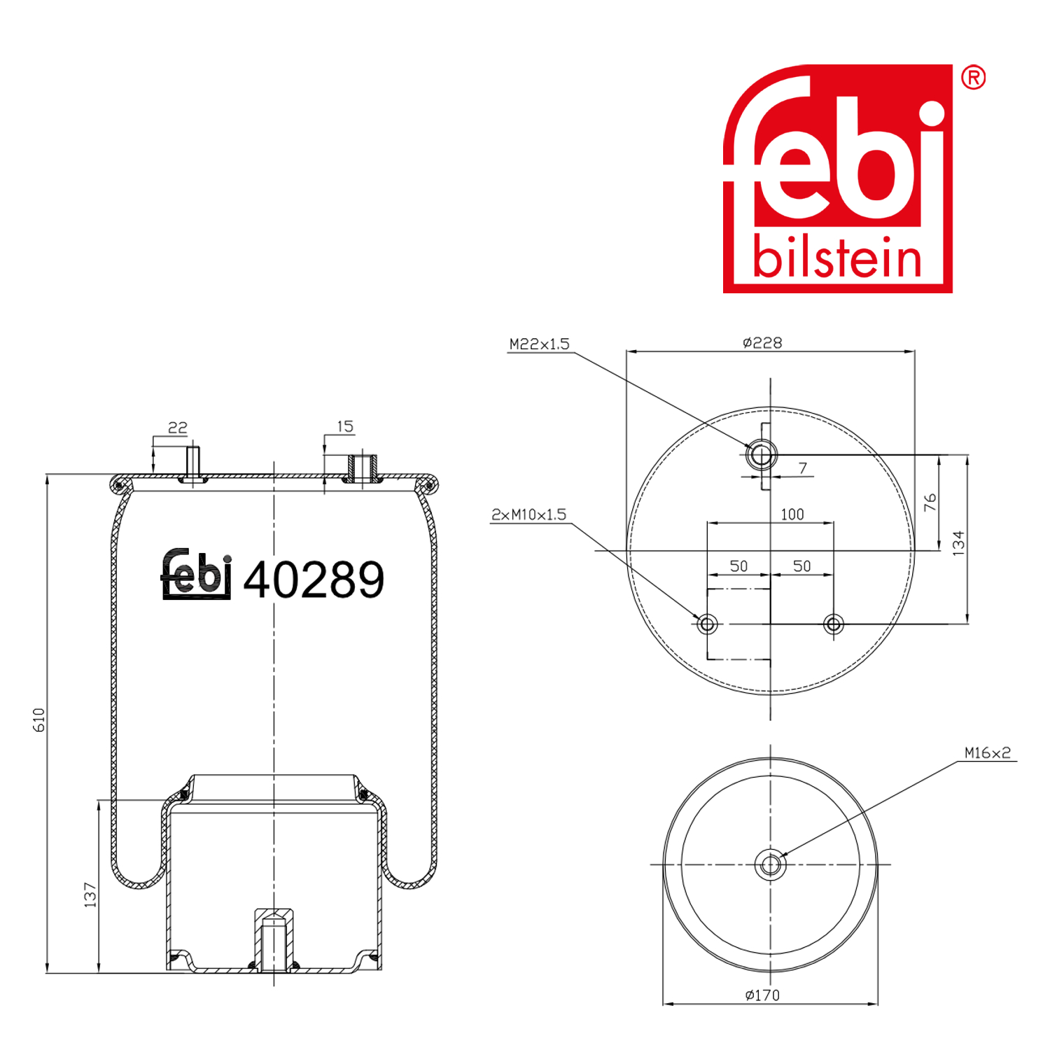 Febi Air Suspension Bellow 170mm Rear Right 40289