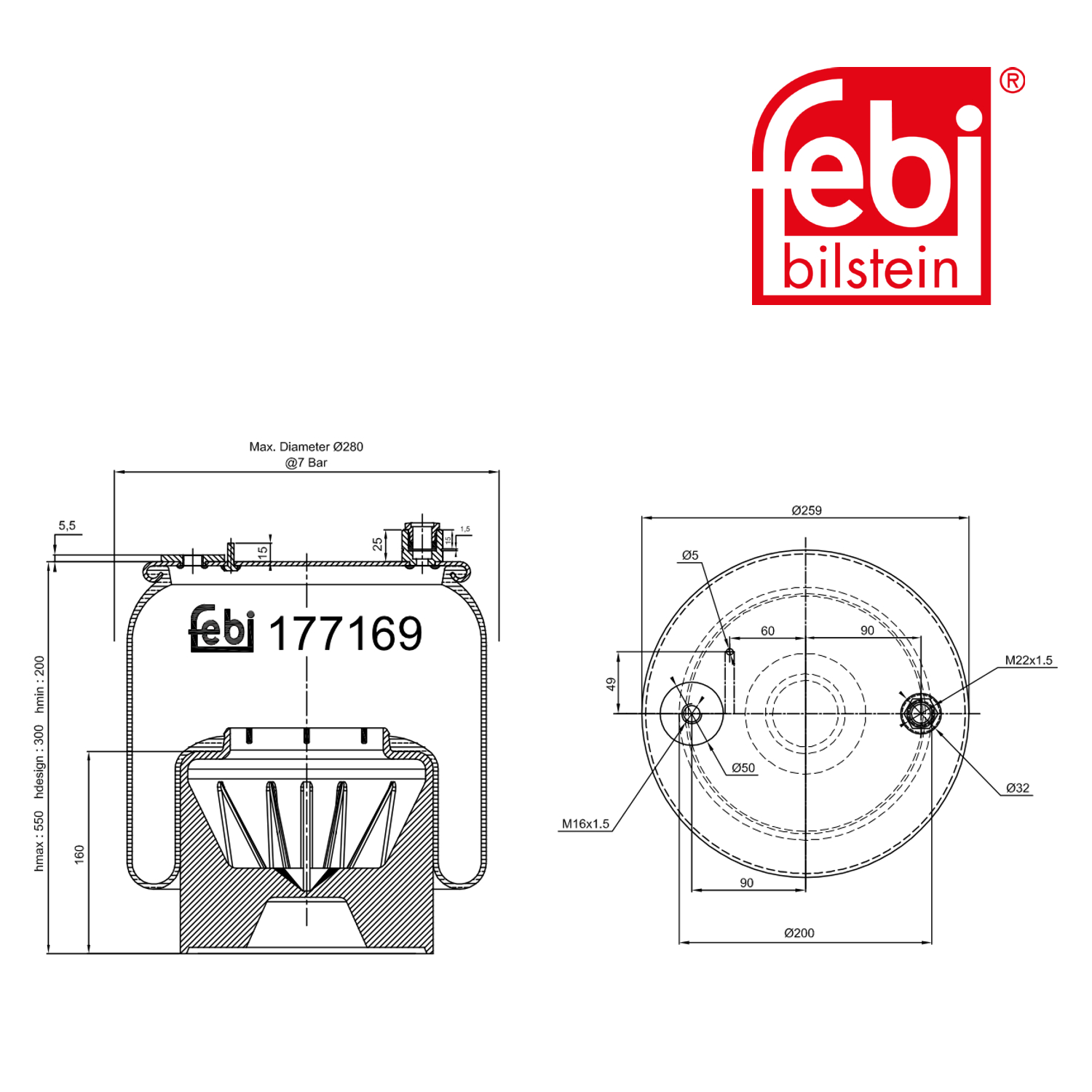 Febi Air Suspension Bellow 200mm Rear Right 177169