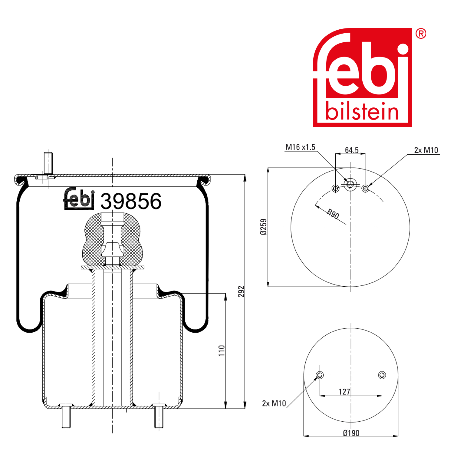 Febi Air Suspension Bellow 190mm Rear Right 39856