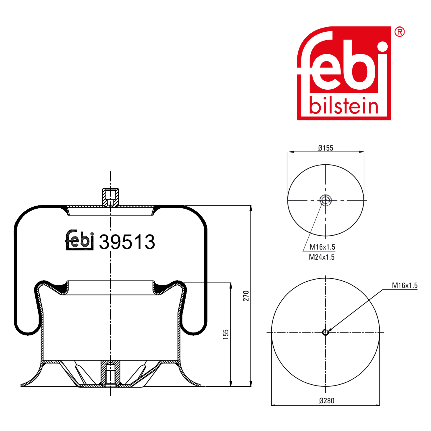 Febi Air Suspension Bellow 280mm Front Right 39513