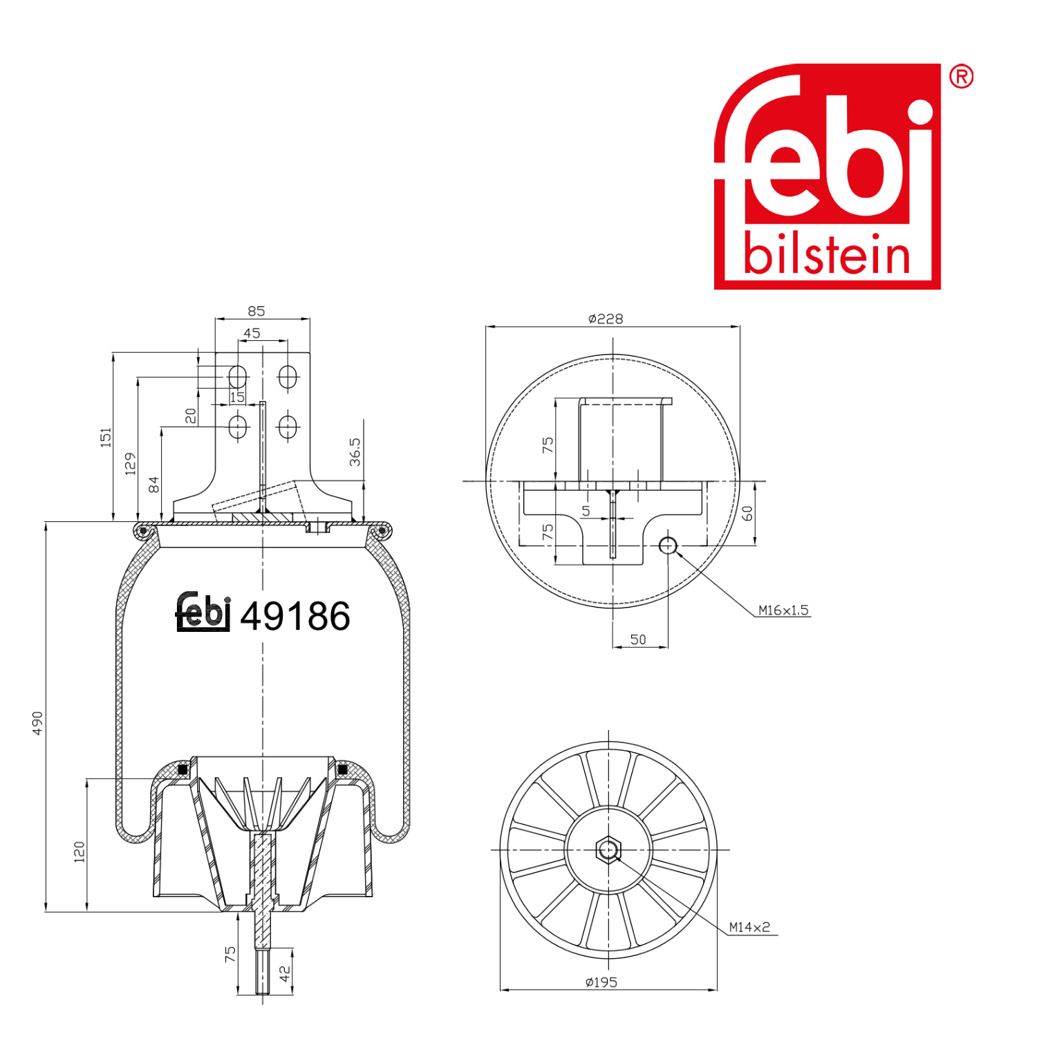 Febi Air Suspension Bellow 195mm Rear 49186
