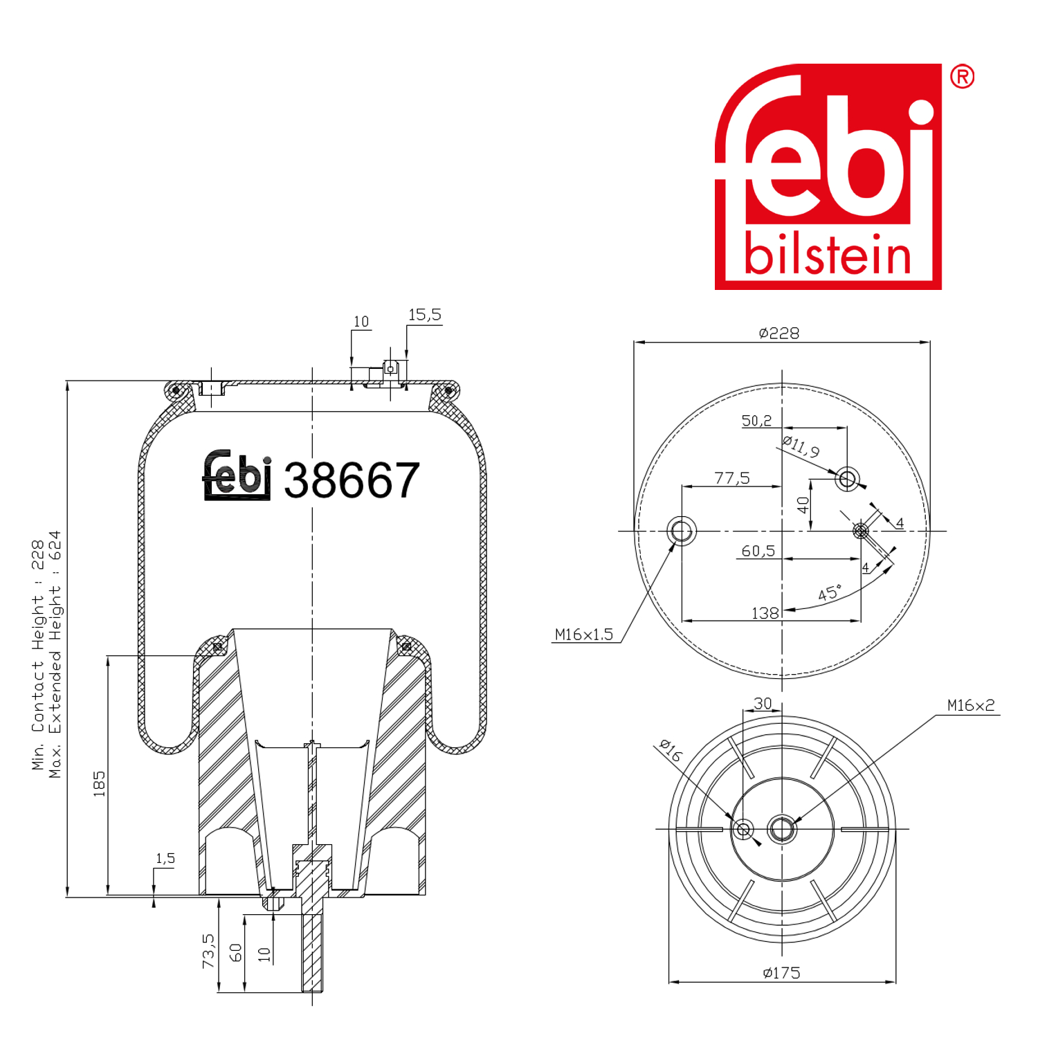 Febi Air Suspension Bellow 228mm Rear Right 38667