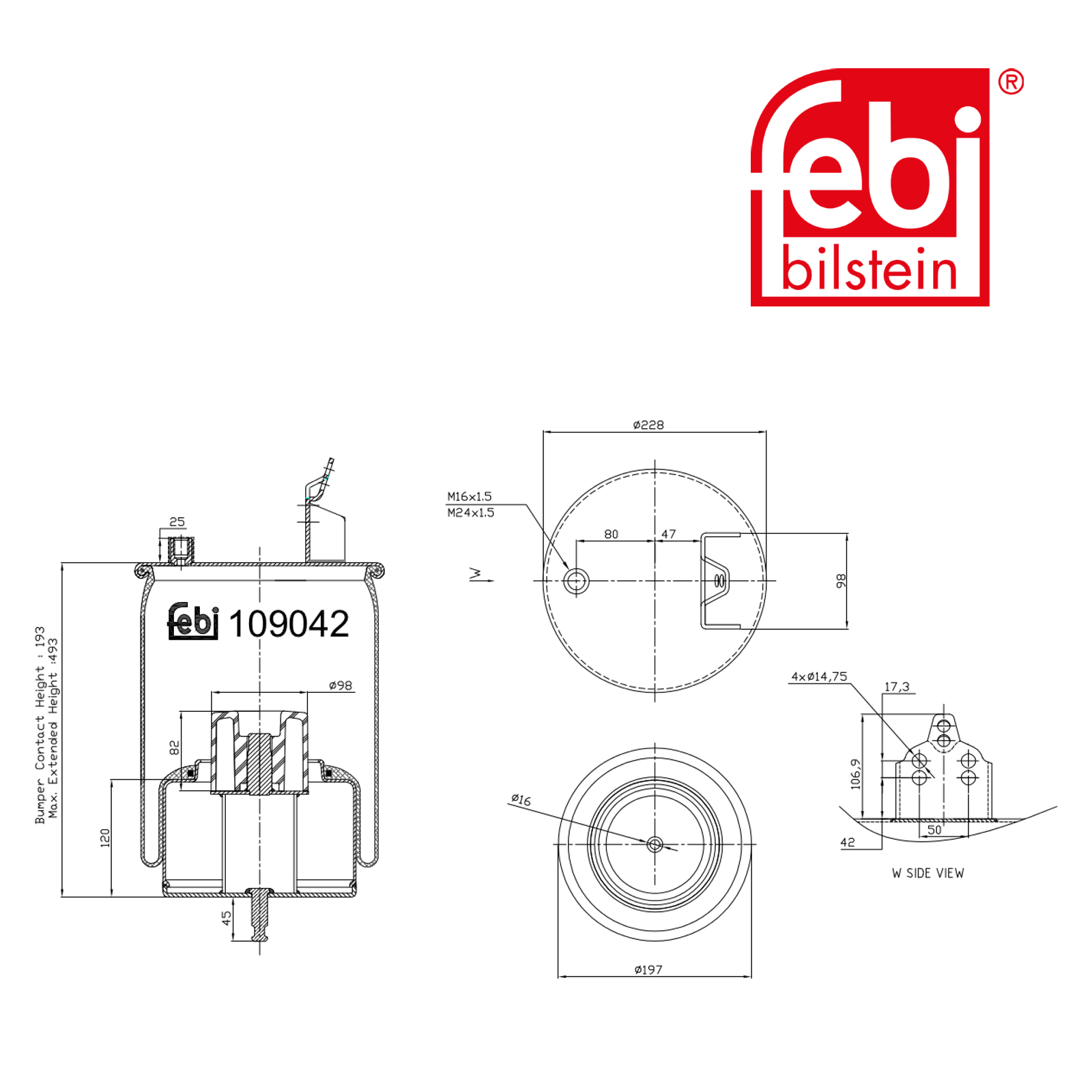 Febi Air Suspension Bellow 197mm steered leading axle 109042