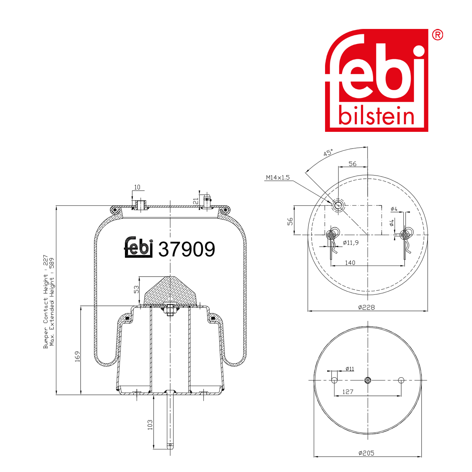 Febi Air Suspension Bellow 228mm Rear Right 37909