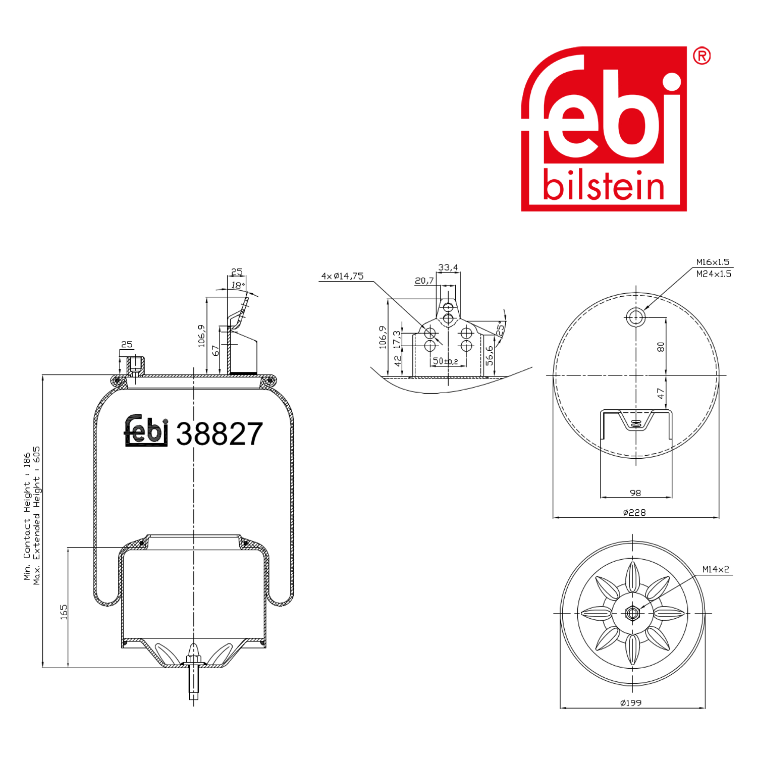 Febi Air Suspension Bellow 197mm Rear Right 38827