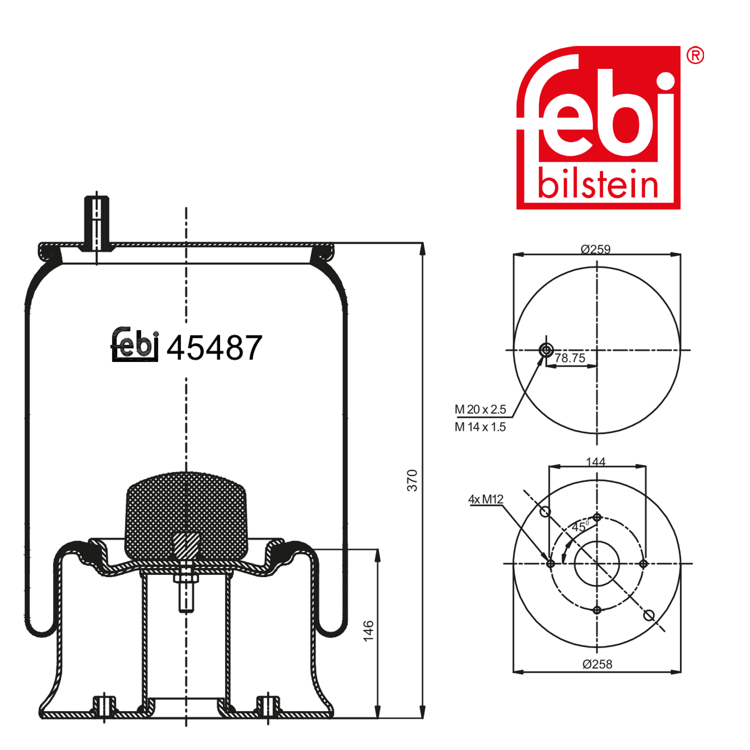 Febi Air Suspension Bellow 258mm Rear 45487