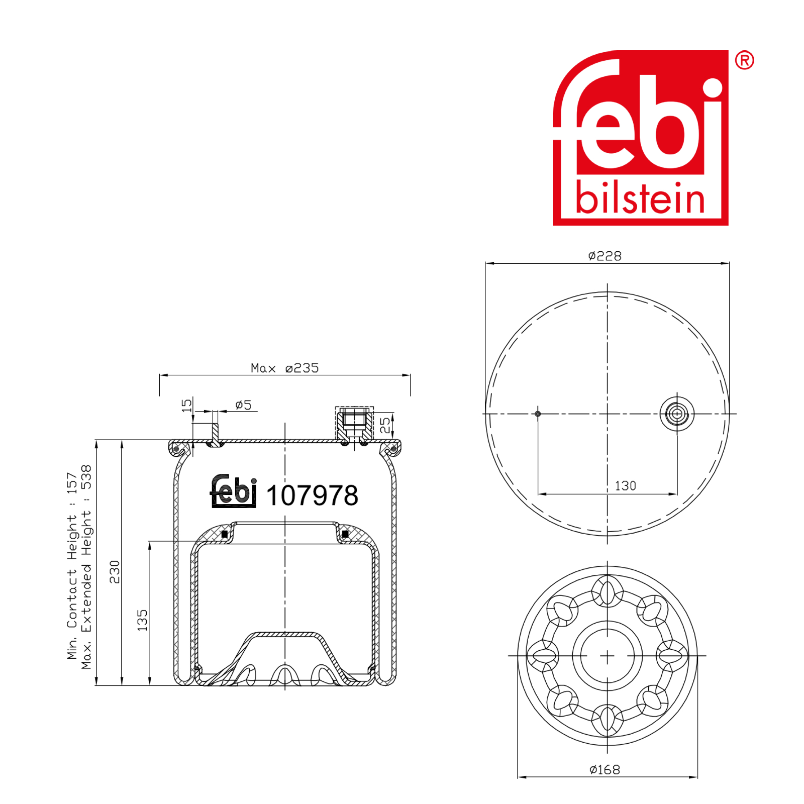 Febi Air Suspension Bellow 168mm Rear 107978
