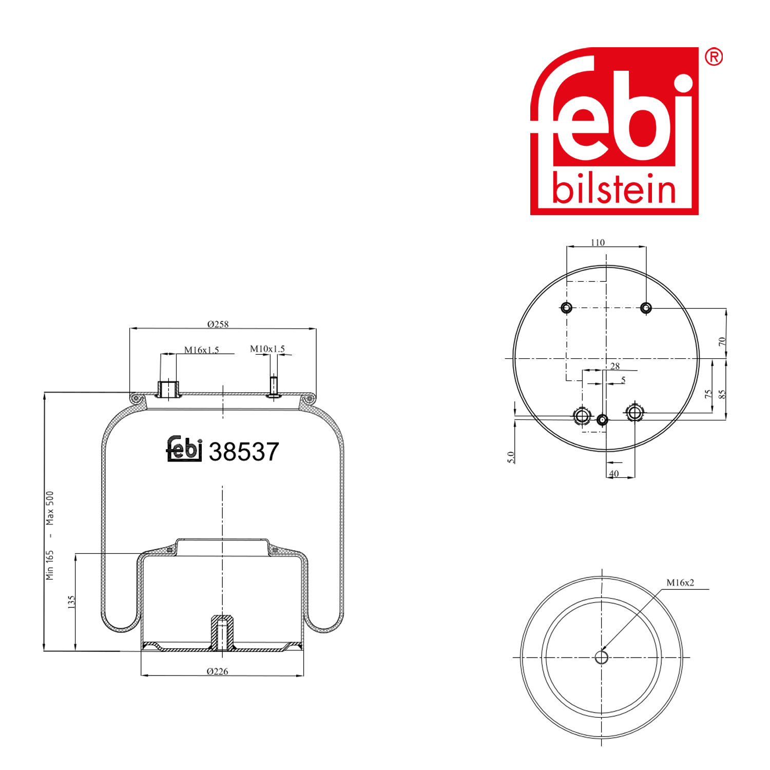 Febi Air Suspension Bellow 258mm Rear 38537