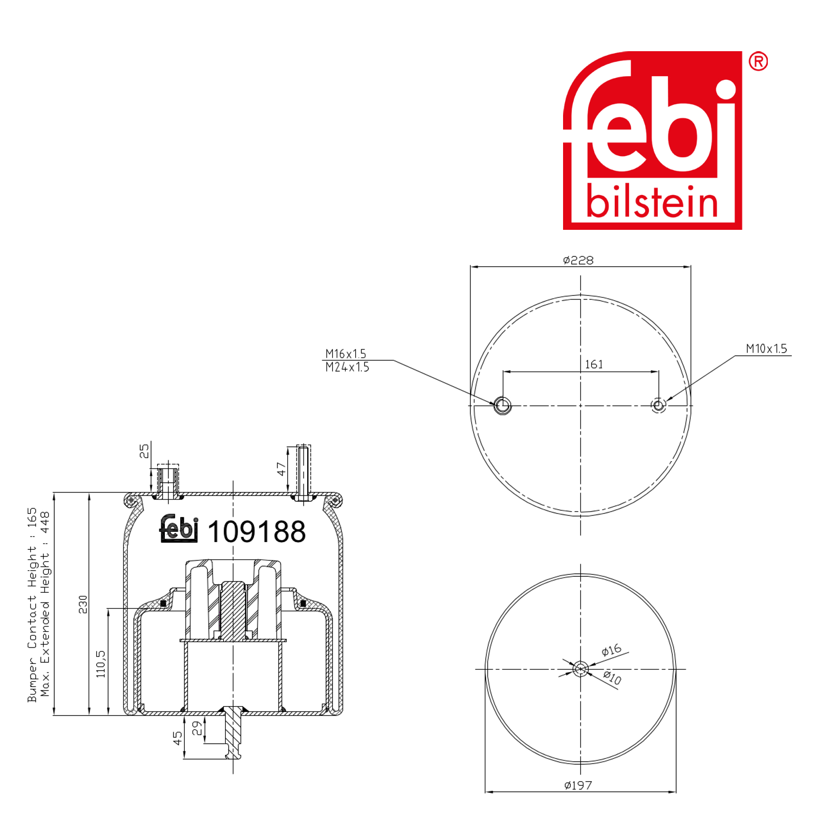 Febi Air Suspension Bellow 197mm non-steered leading axle 109188