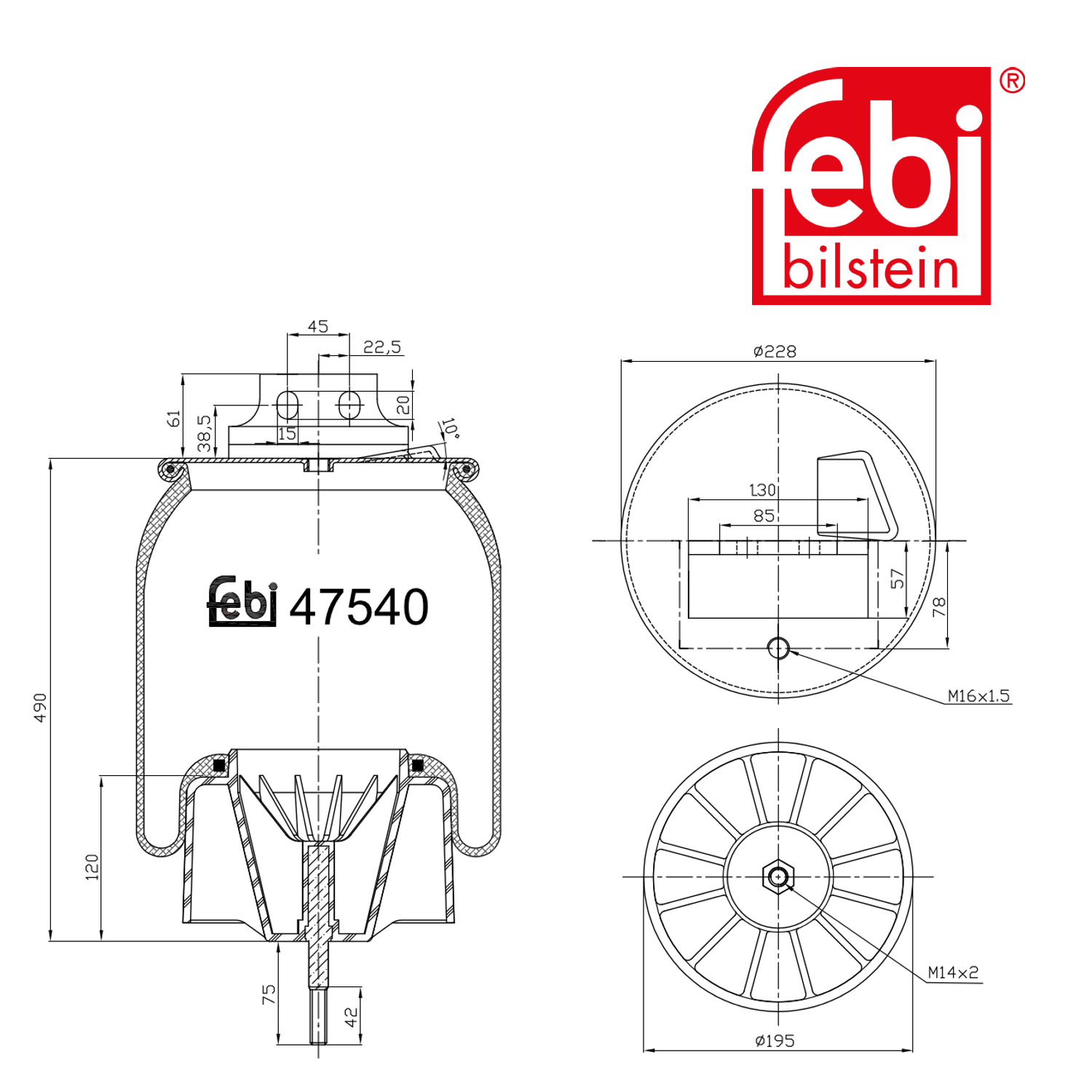 Febi Air Suspension Bellow 230mm Front Right 47540