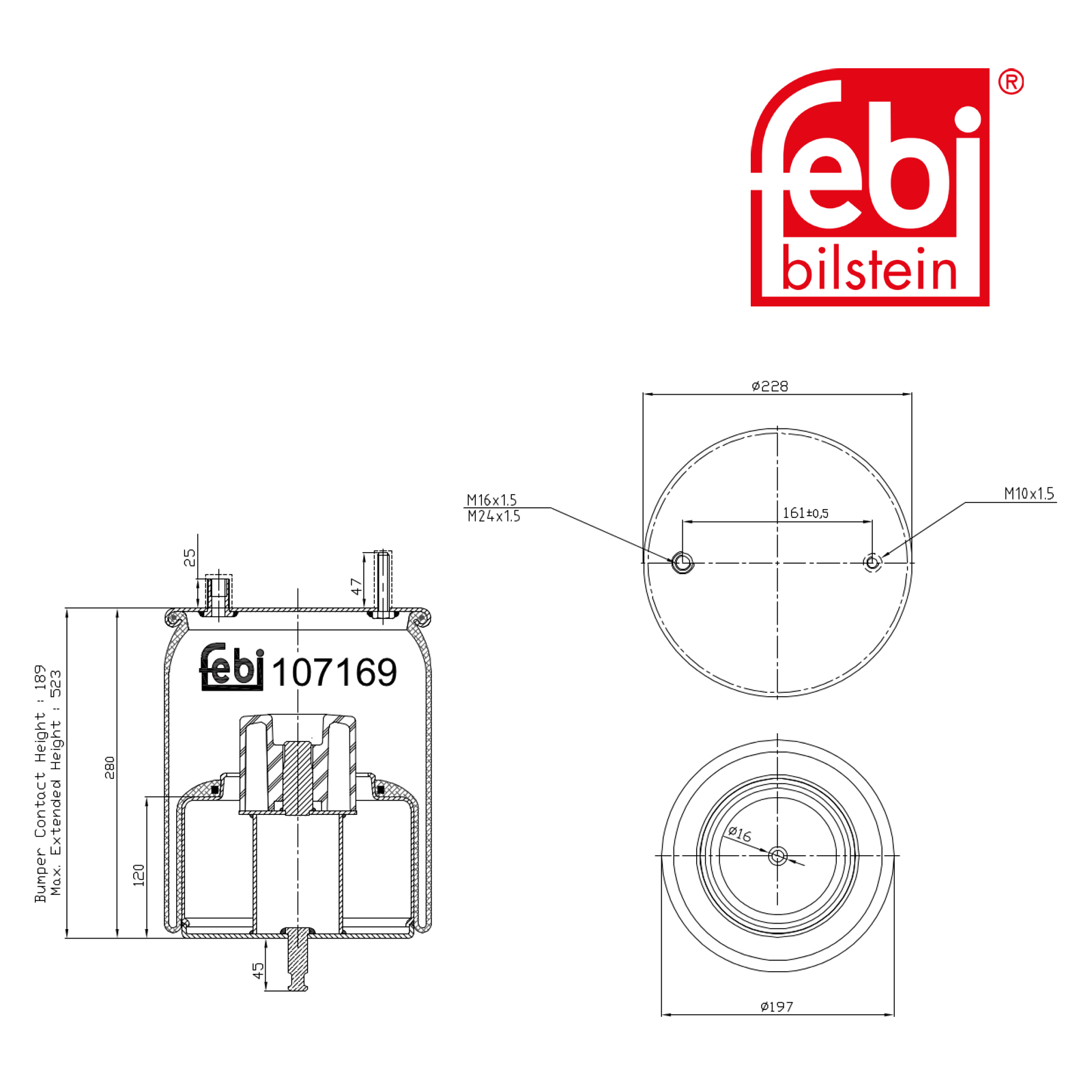 Febi Air Suspension Bellow 198mm non-steered leading axle 107169