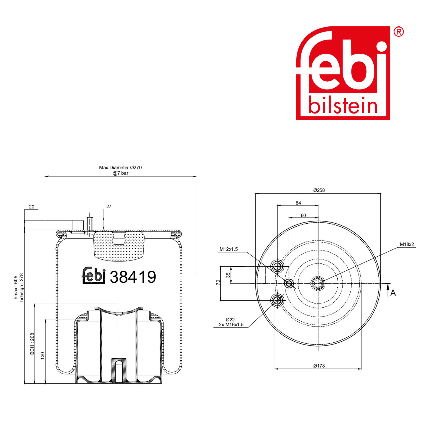 Febi Air Suspension Bellow 178mm Rear Right 38419