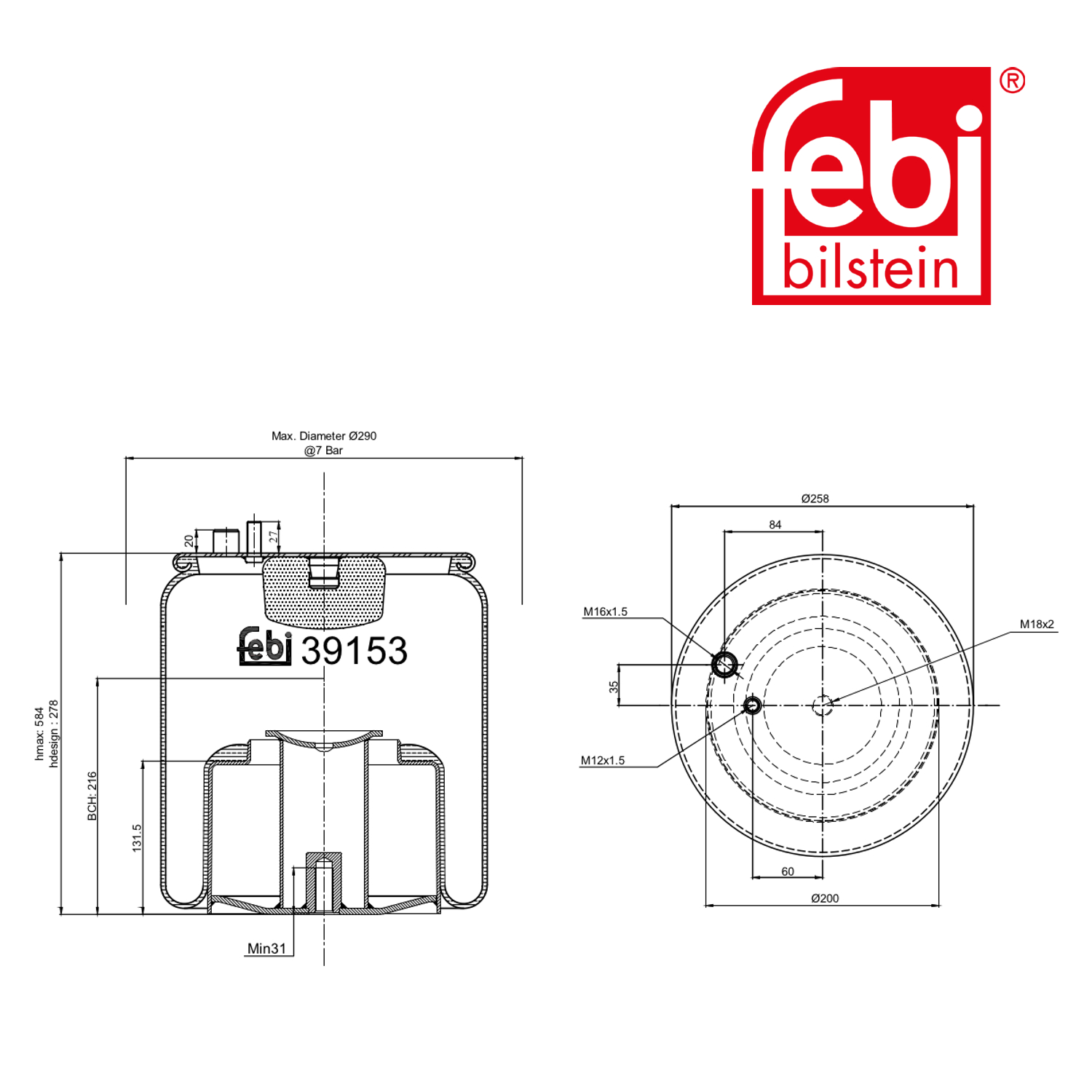 Febi Air Suspension Bellow 180mm Rear 39153