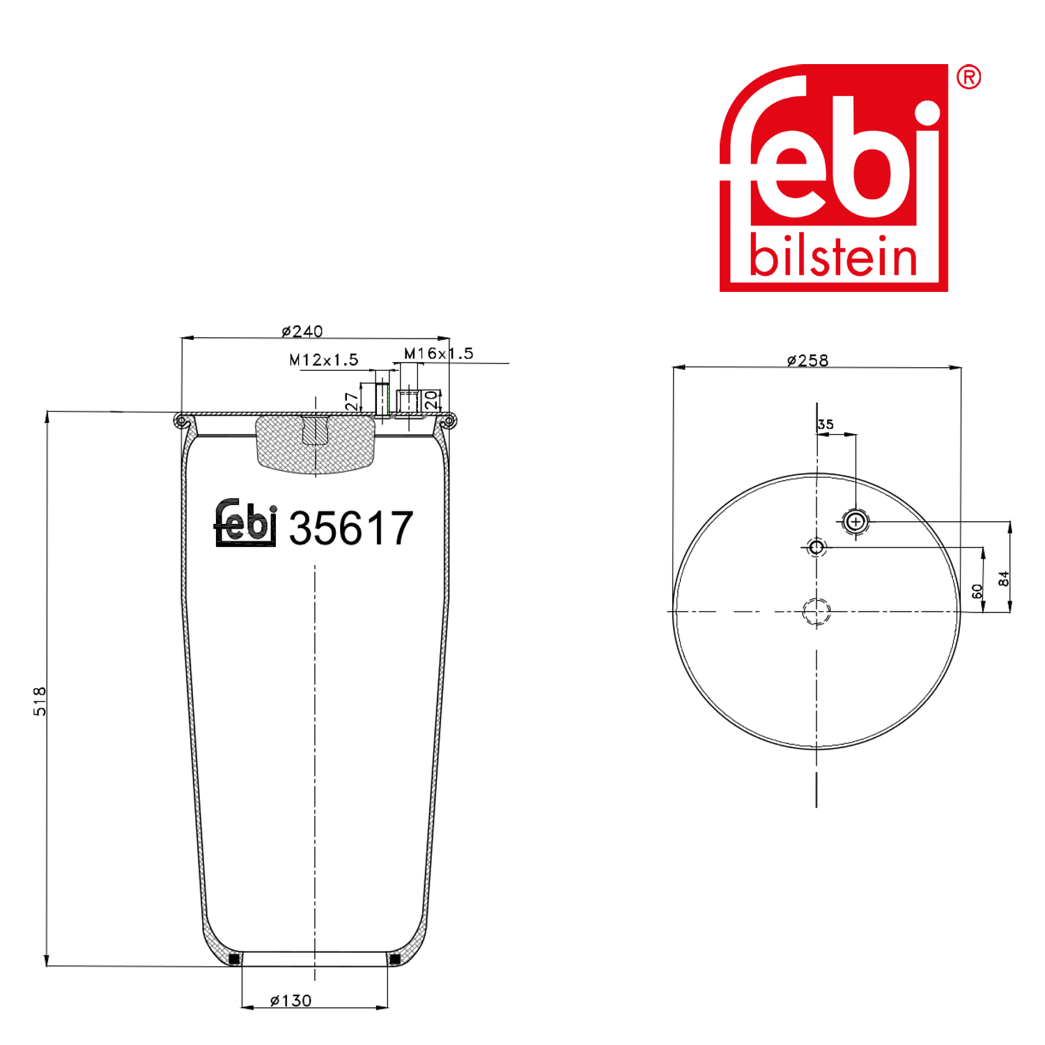 Febi Air Suspension Bellow 259mm Rear Right 35617