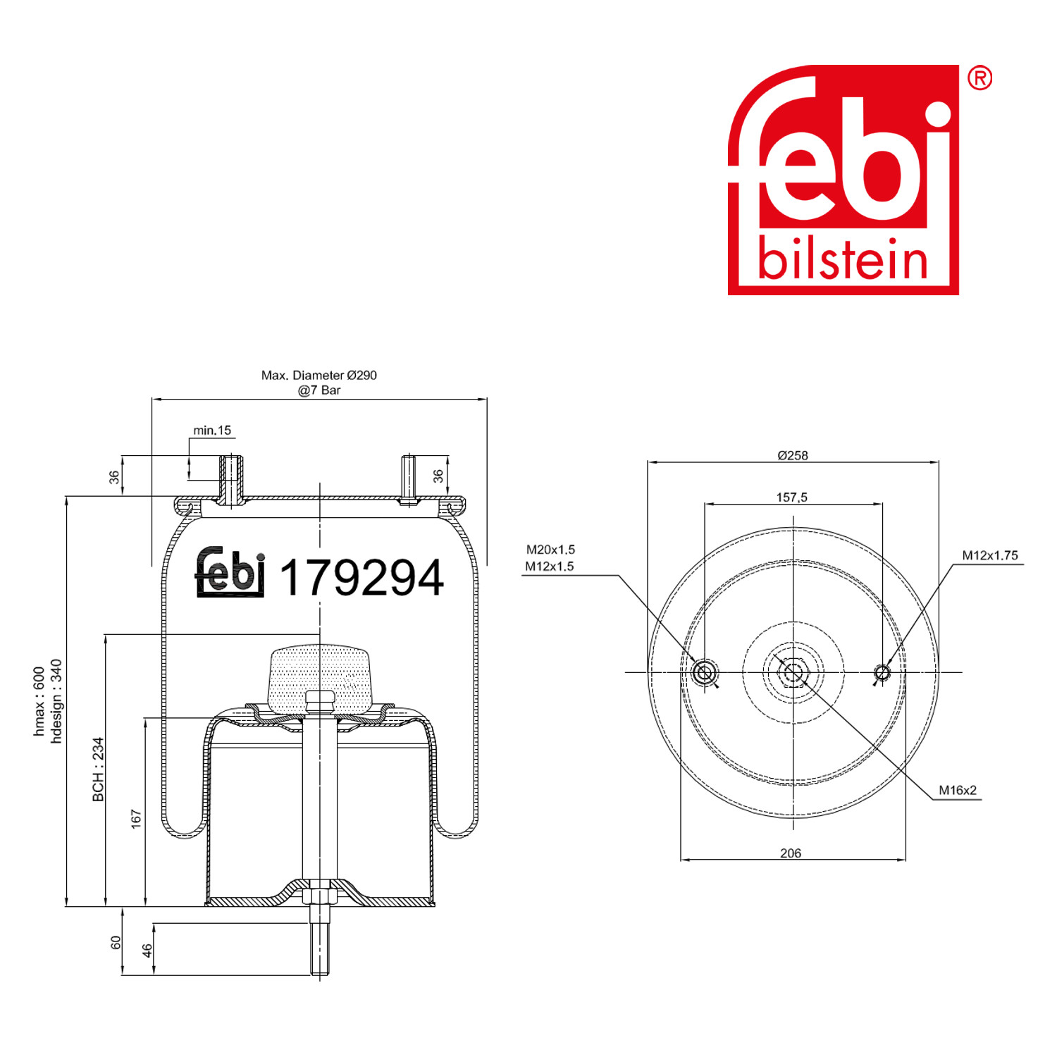 Febi Air Suspension Bellow 258mm Right 179294