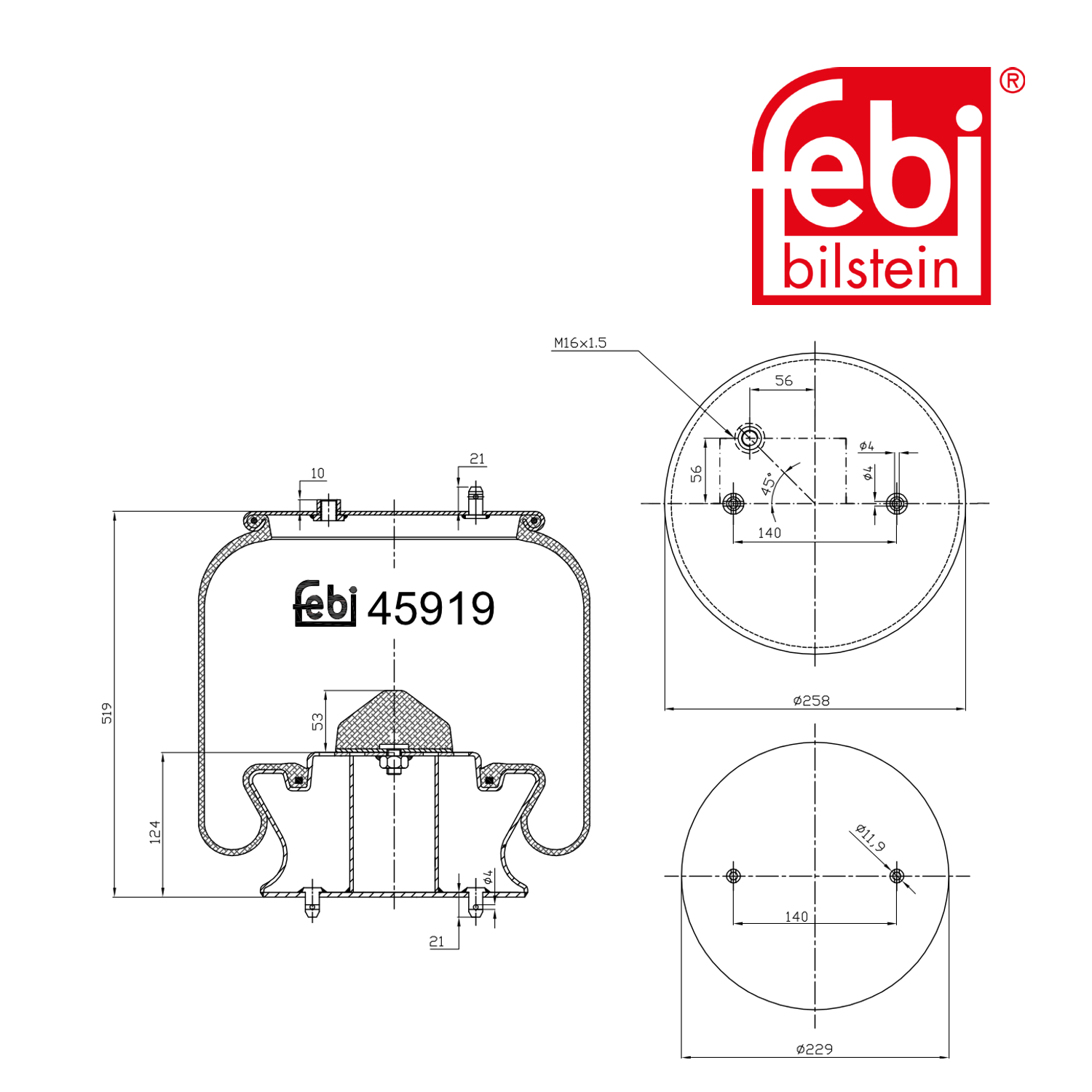 Febi Air Suspension Bellow 229mm Front 45919