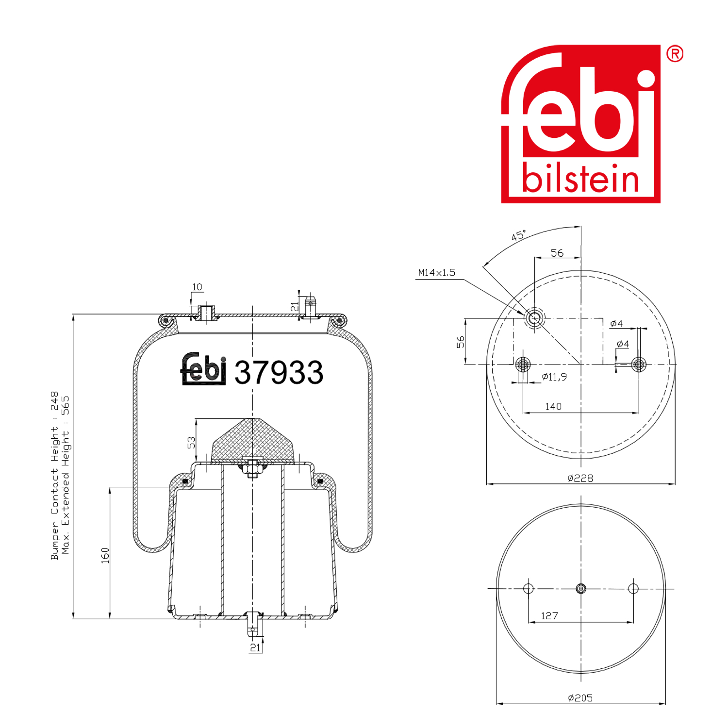 Febi Air Suspension Bellow 205mm Rear Right 37933