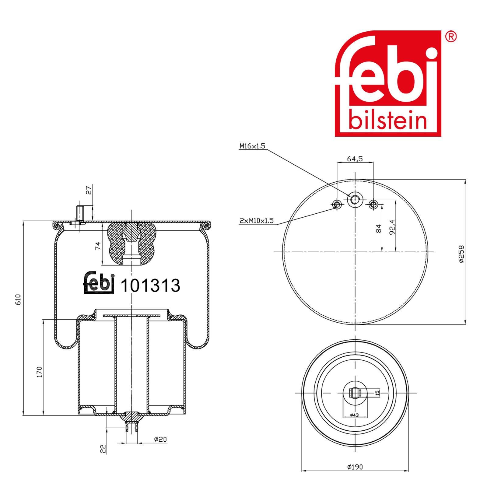Febi Air Suspension Bellow 258mm Rear 101313