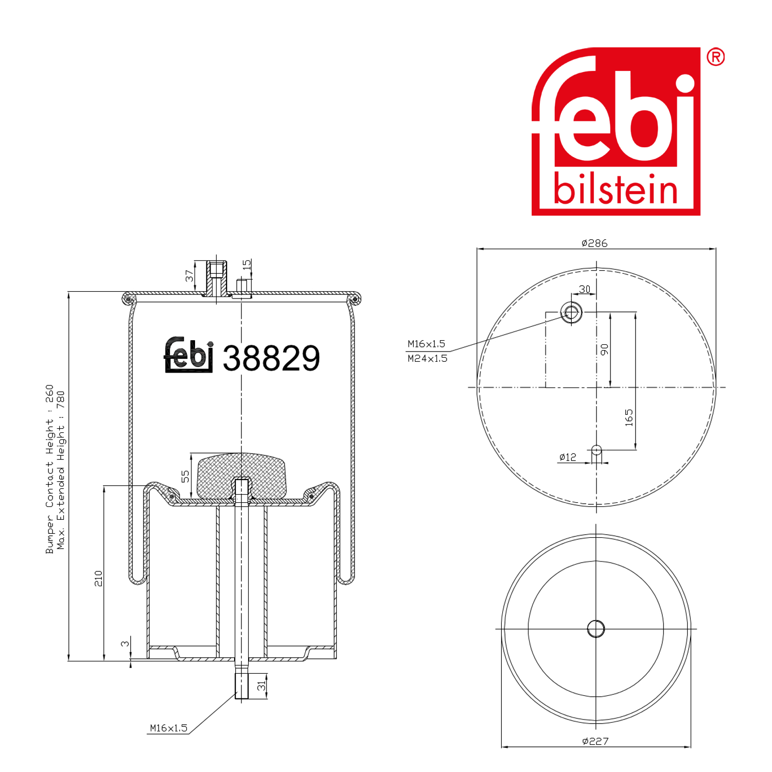 Febi Air Suspension Bellow 260mm Rear Right 38829