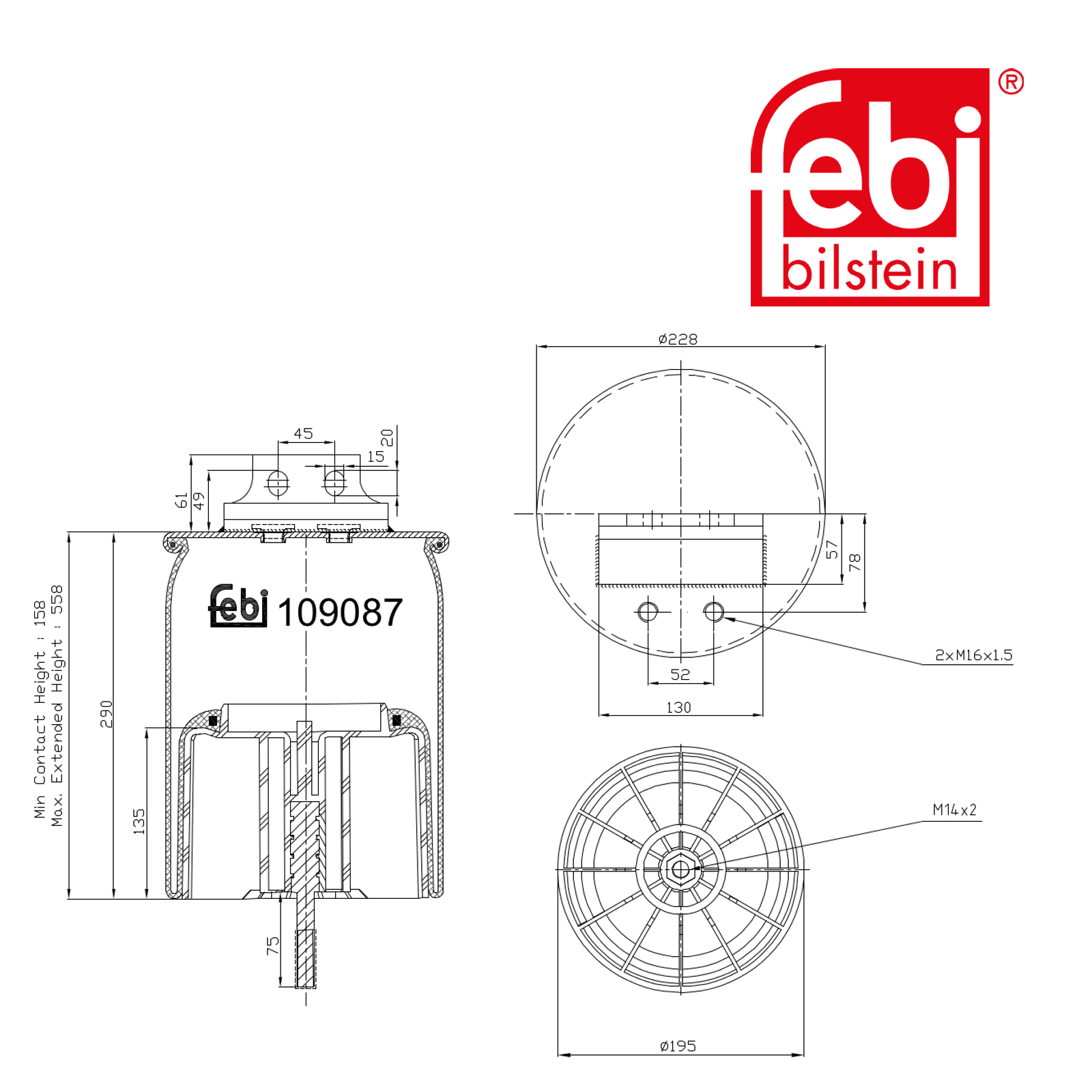 Febi Air Suspension Bellow 195mm Rear 109087