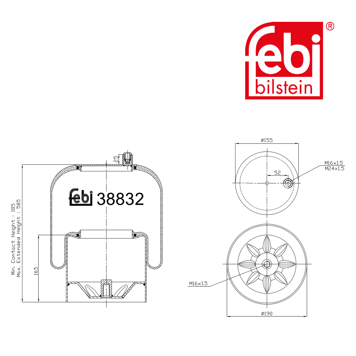 Febi Air Suspension Bellow 155mm Rear Right 38832