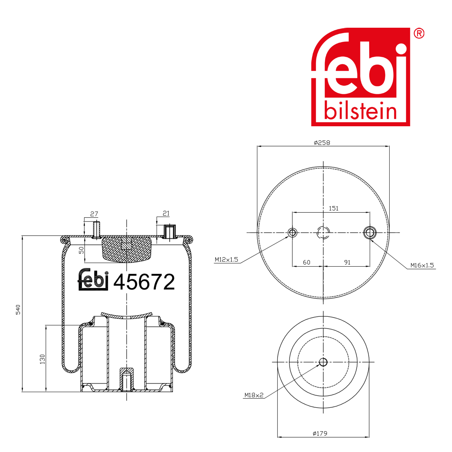 Febi Air Suspension Bellow 179mm Rear 45672