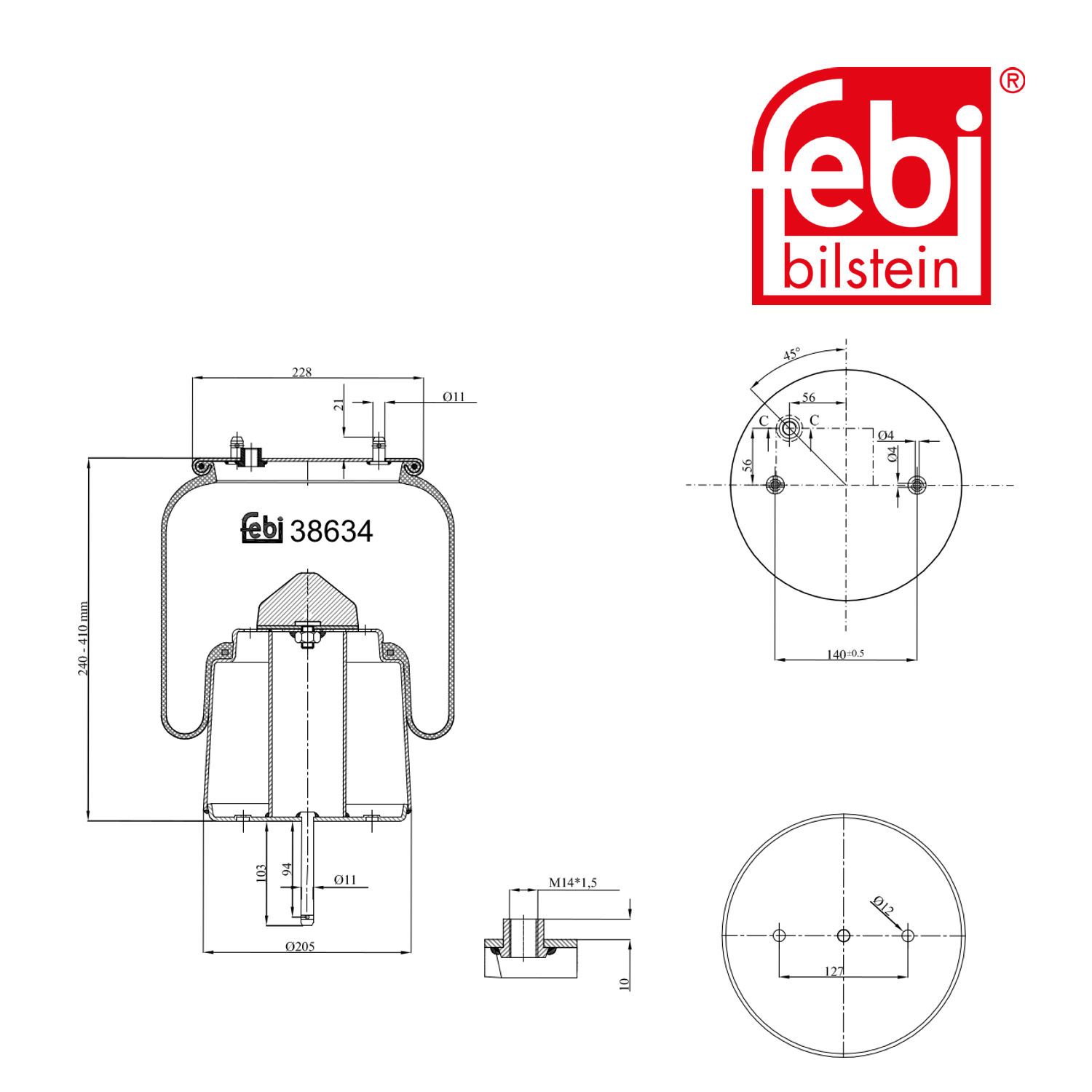 Febi Air Suspension Bellow 205mm Rear Right 38634