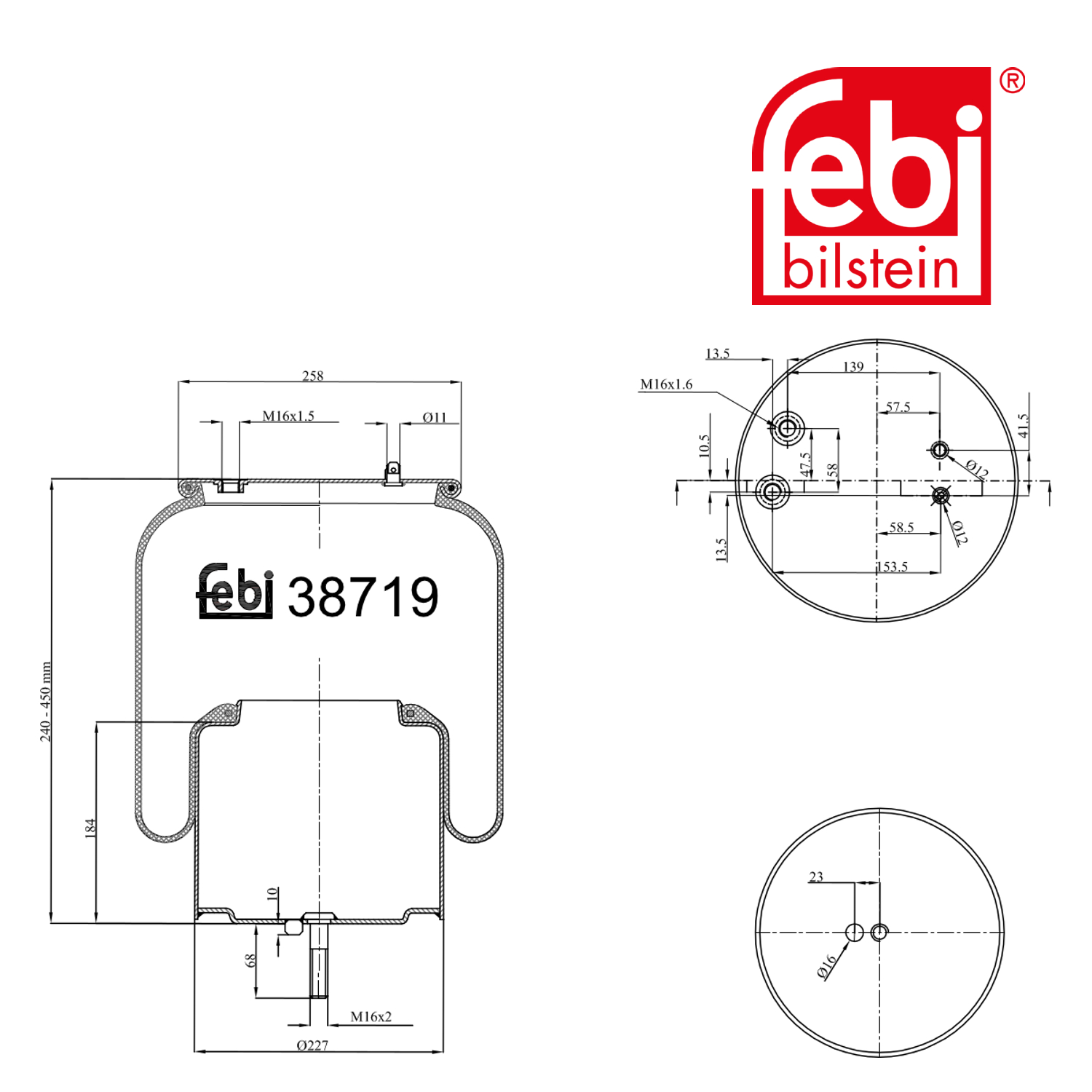 Febi Air Suspension Bellow 258mm Rear Right 38719