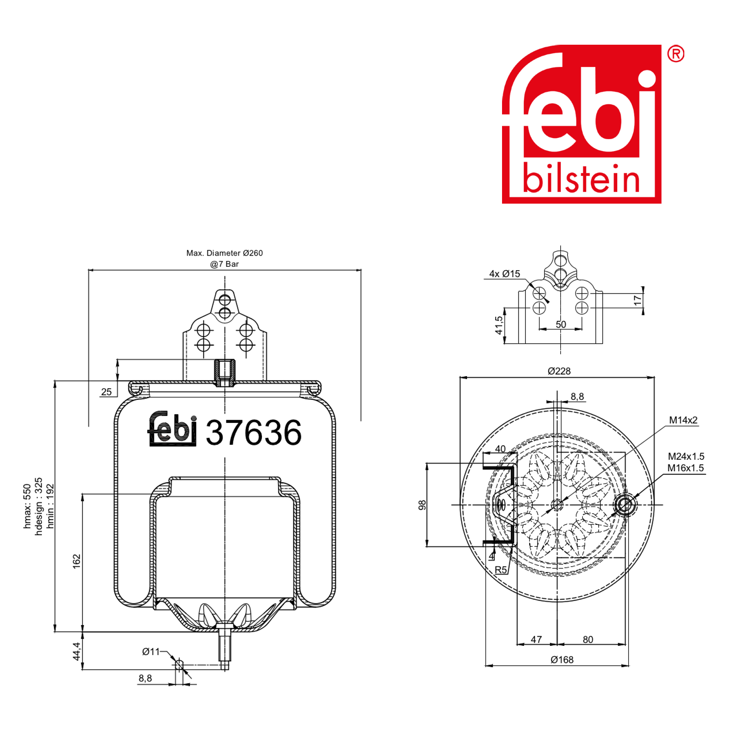 Febi Air Suspension Bellow 228mm Rear Right 37636