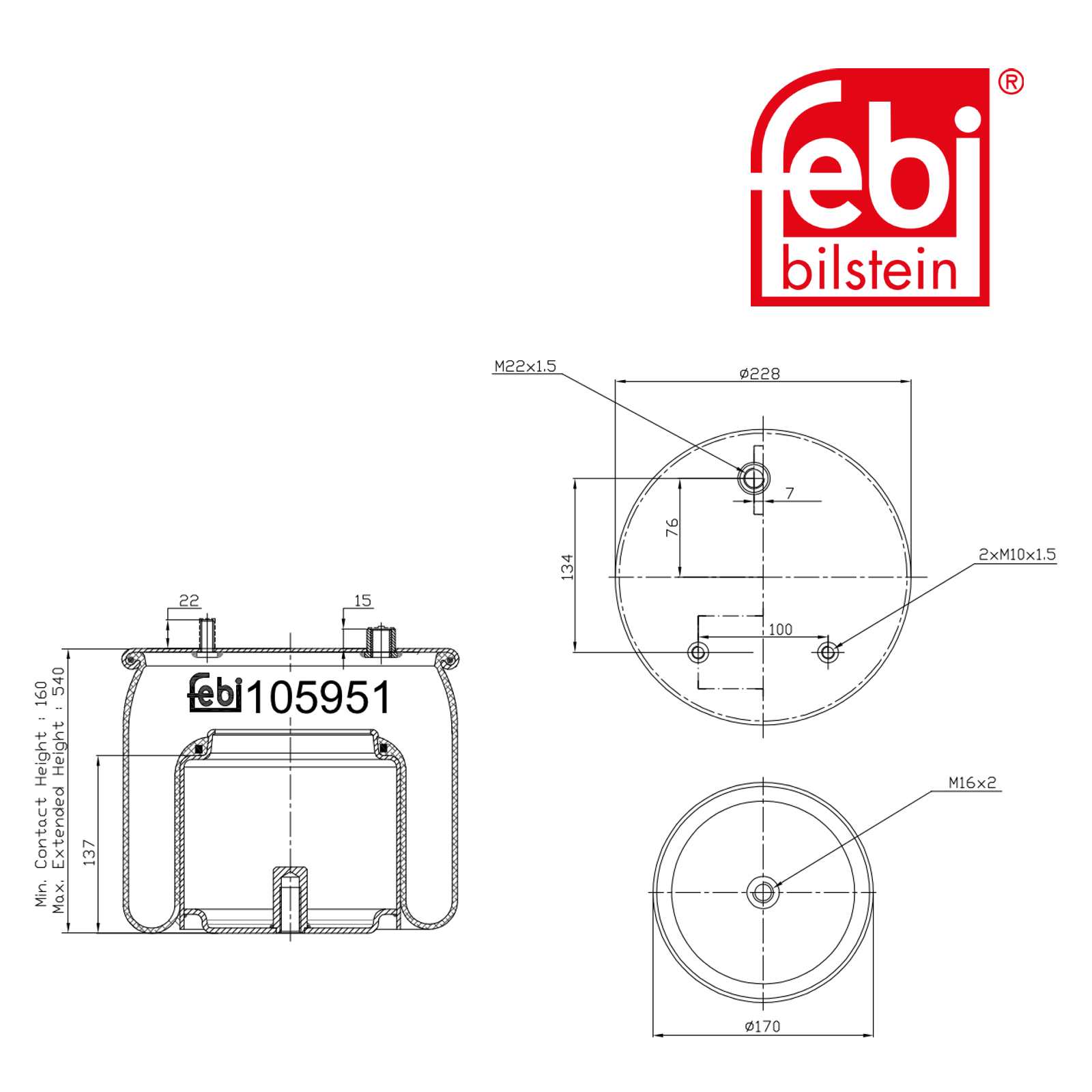 Febi Air Suspension Bellow 170mm non-steered trailing axle 105951
