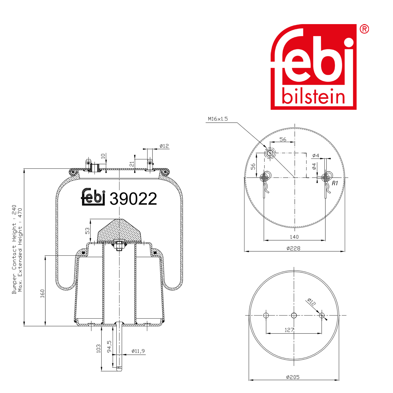 Febi Air Suspension Bellow 205mm Rear Right 39022