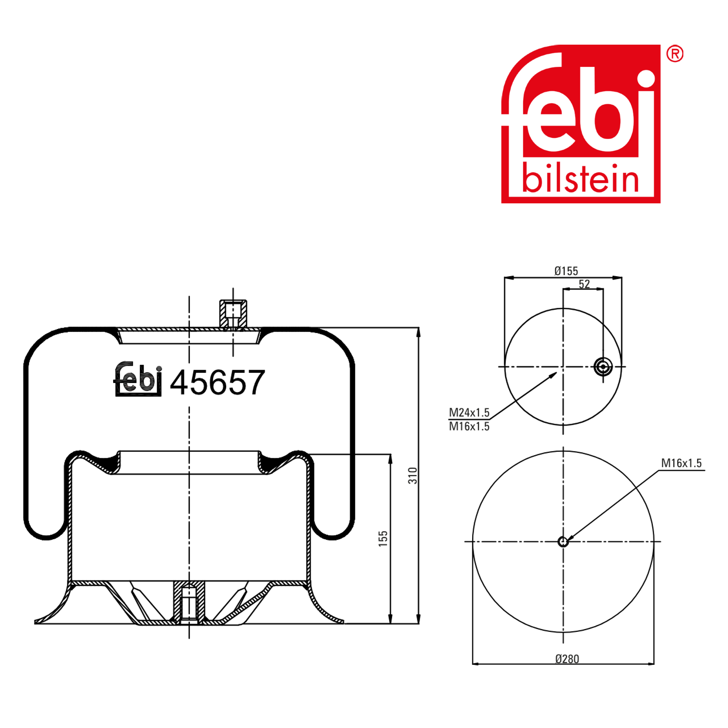 Febi Air Suspension Bellow 280mm Rear 45657