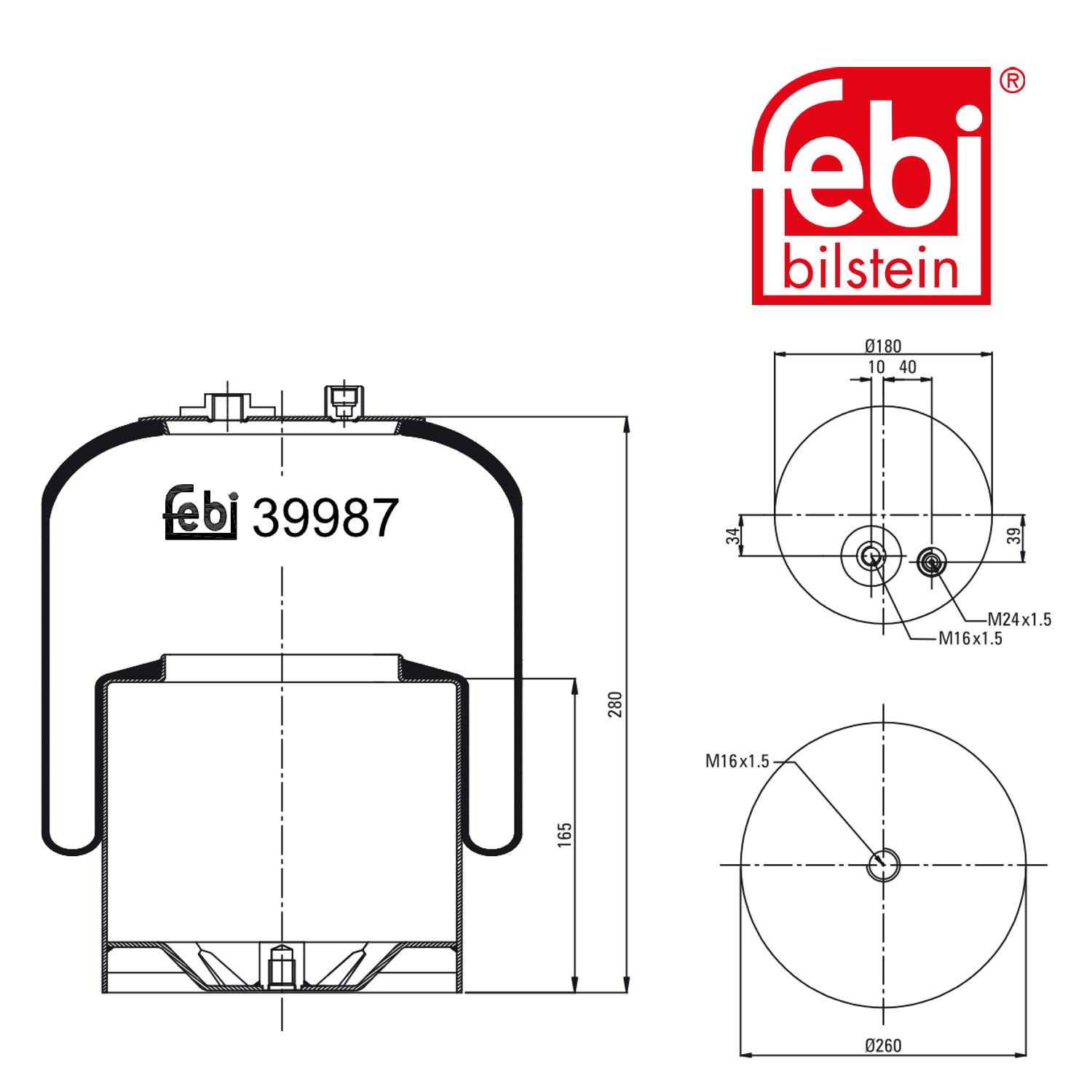 Febi Air Suspension Bellow 180mm Rear Right 39987