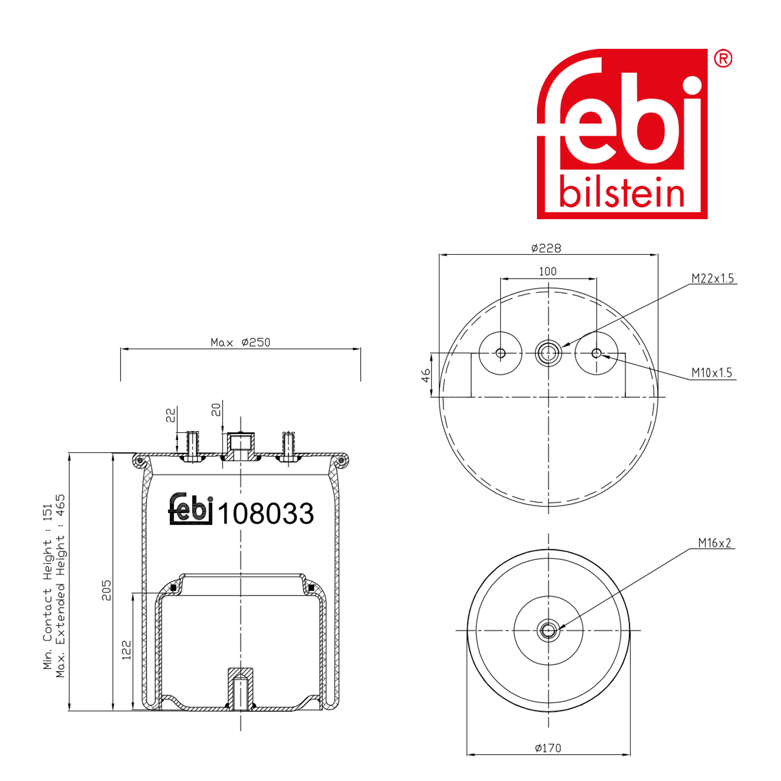 Febi Air Suspension Bellow 170mm non-steered trailing axle 108033