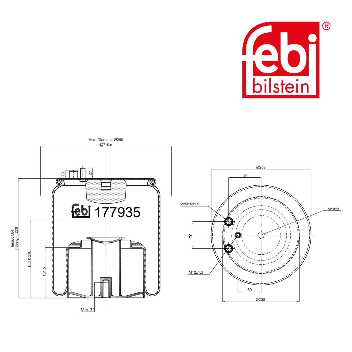 Febi Air Suspension Bellow 259mm Rear 177935